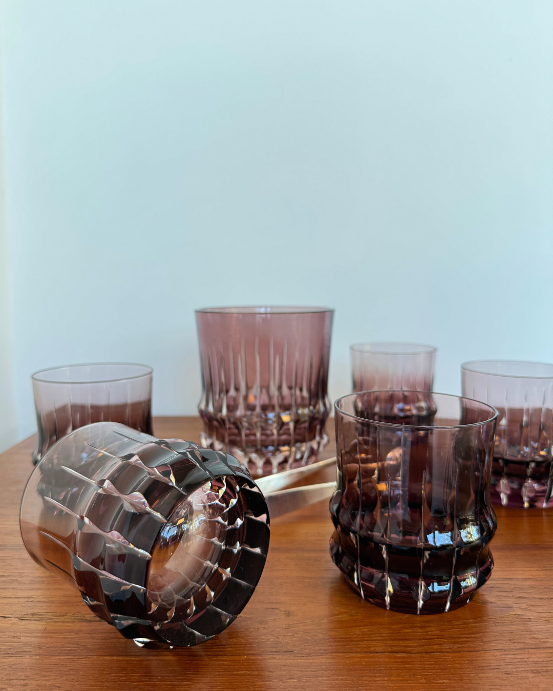 Set of 7 Mid Century Etched Brutalist Deep Smokey Purple Ice Bucket & Tumblers