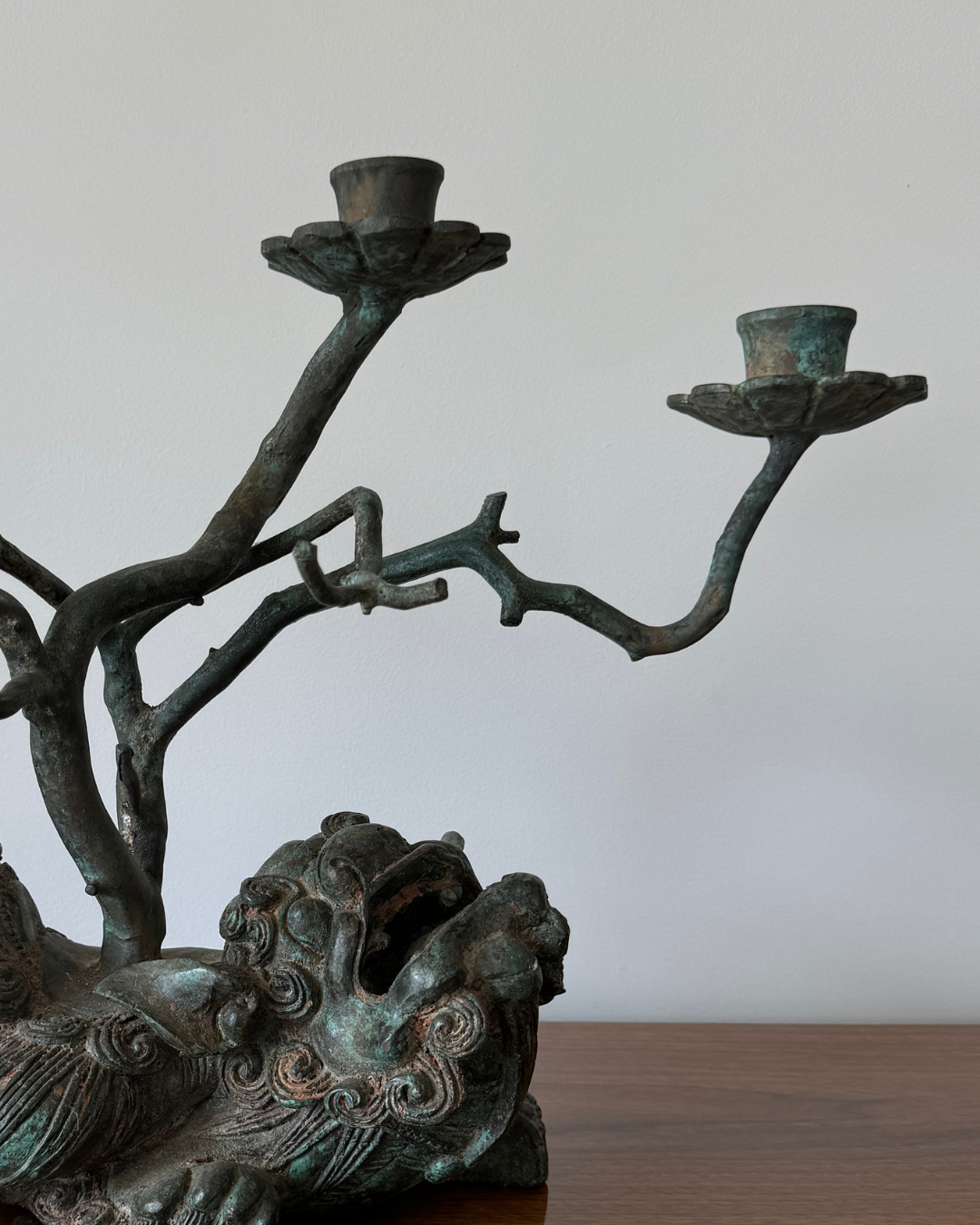 Curious Vintage Bronze Archaic Style Chinese Foo Dog Lion with Branches Candelabra