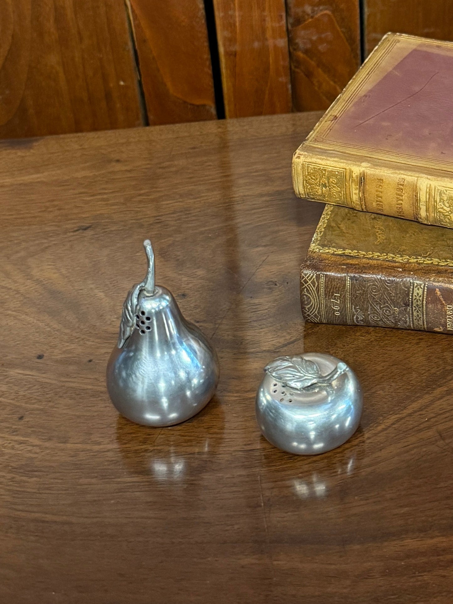 Whimsical Vintage Kirk Stieff Pewter Pear & Apple Salt and Pepper Shakers