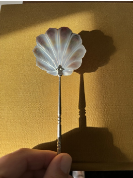 Small Victorian silver plated caviar spoon with engraved mother of pearl nacre bowl in the shape of a lotus