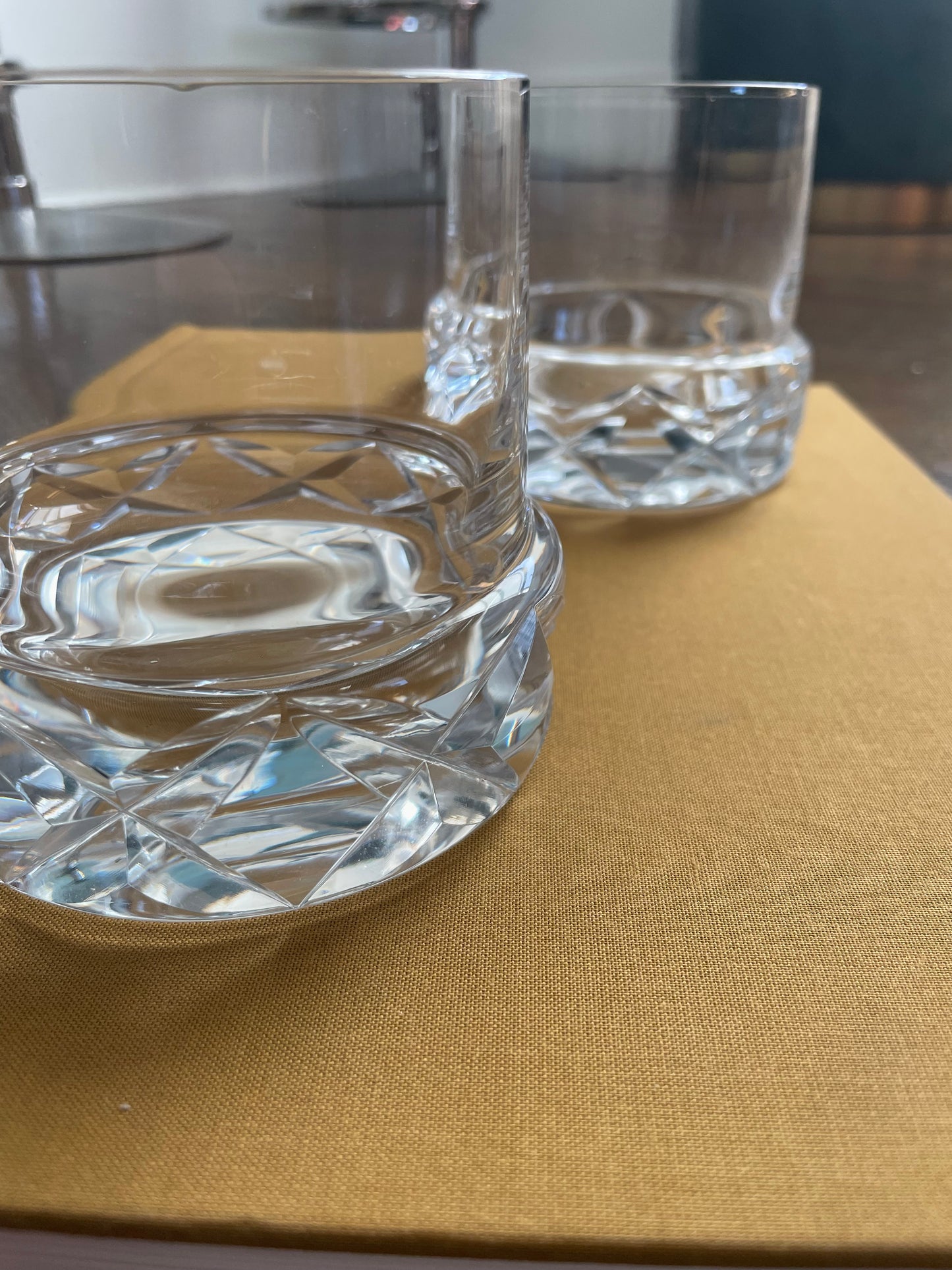 Set of Two (2) Mid Century Crystal Rocks Glasses with an abstract cut Diamond Shaped Base