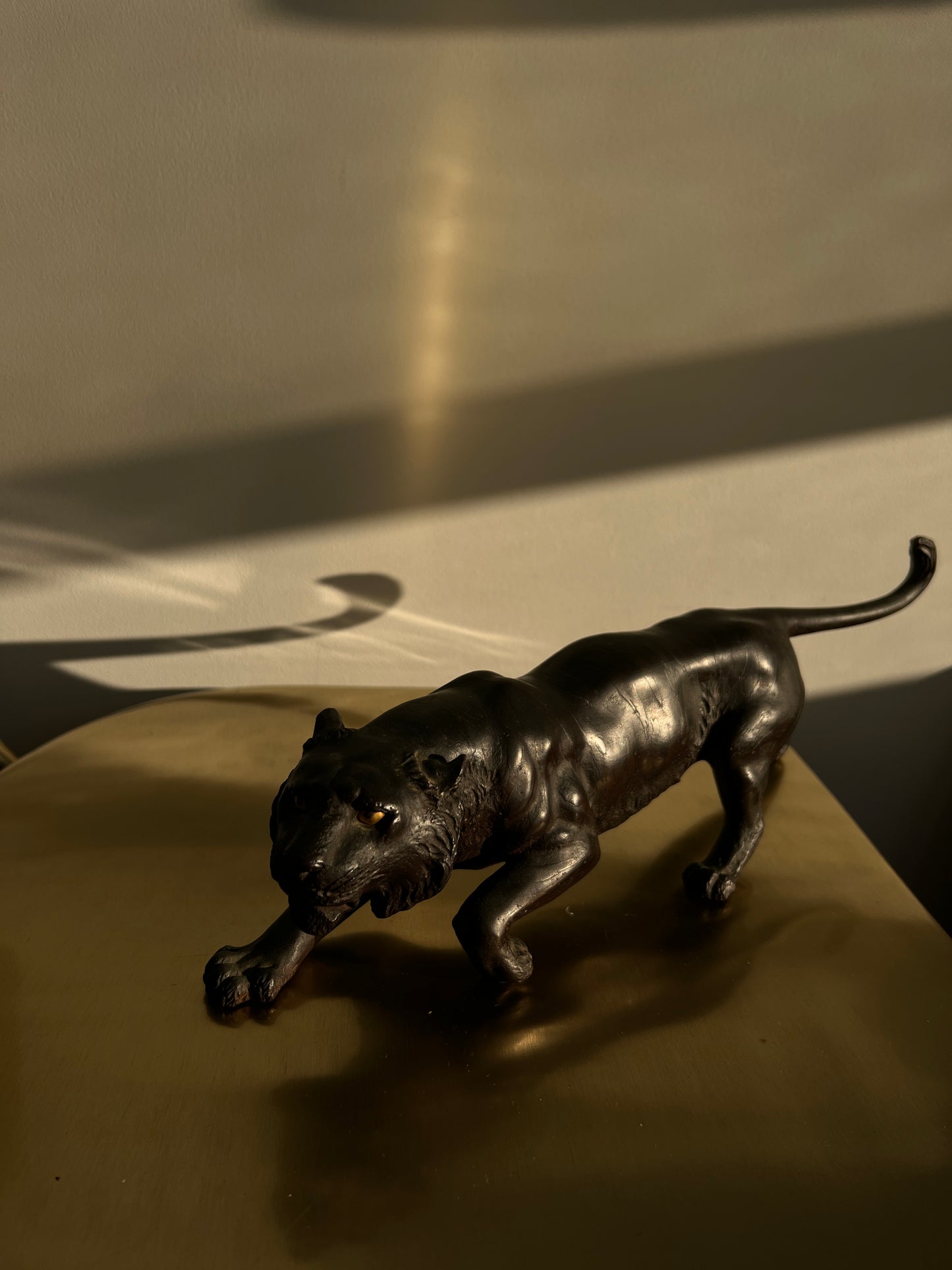 Antique Meiji Period Bronze Stalking Tiger Sculpture with Gold Eyes
