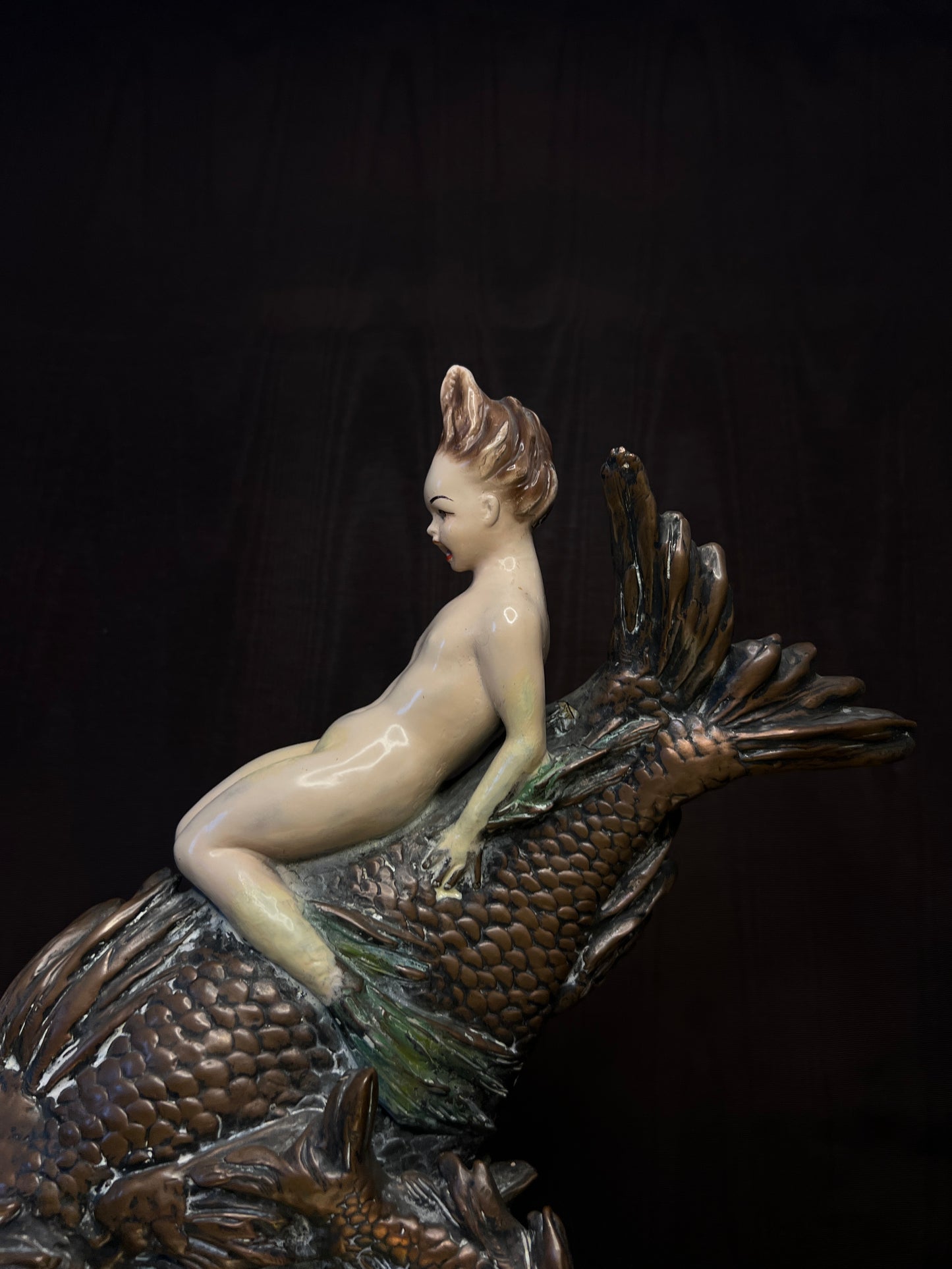 Antique Bronze & Ceramic Figural Sculpture Centerpiece - Mermaid Child Riding Fish