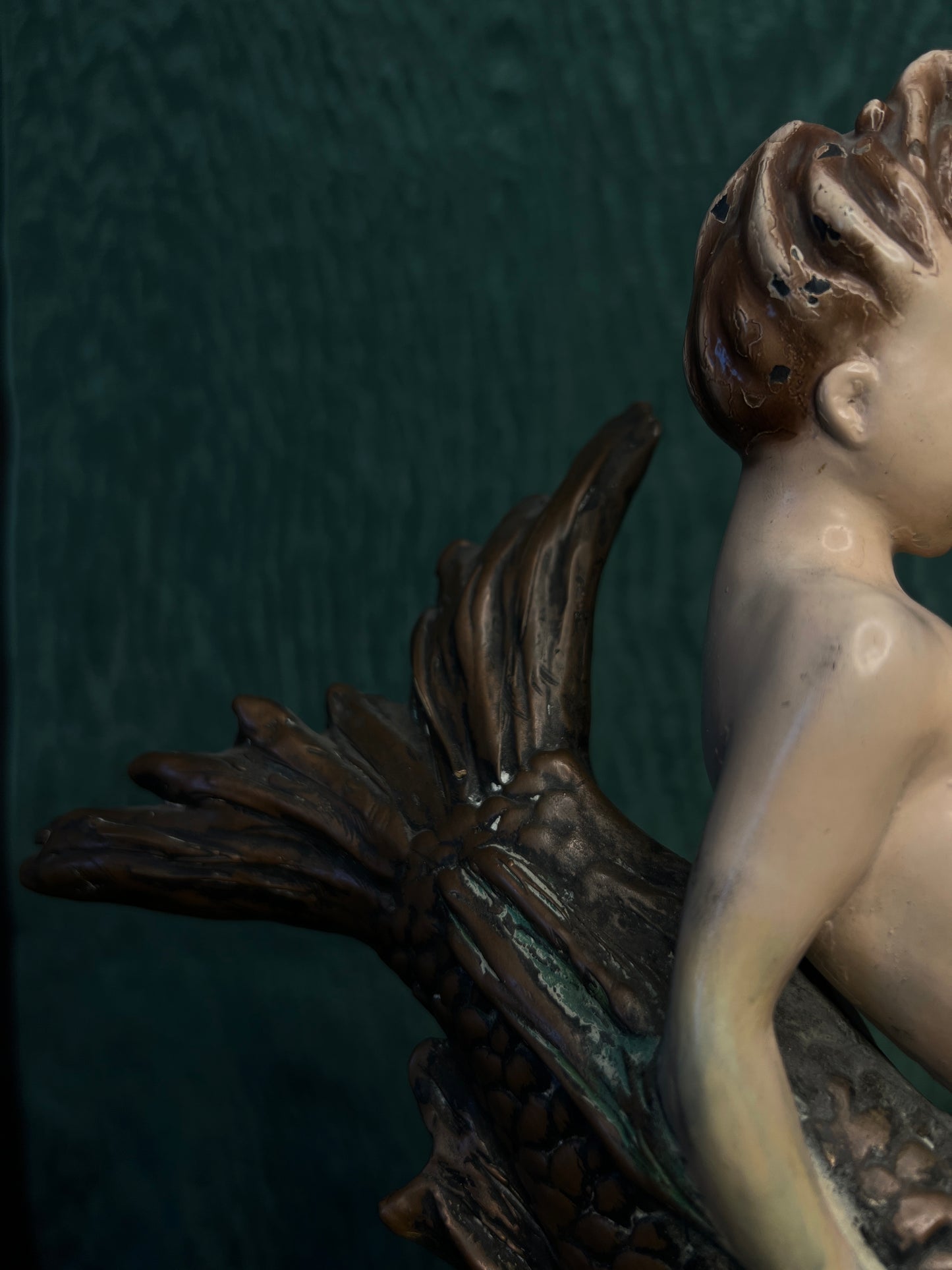 Antique Bronze & Ceramic Figural Sculpture Centerpiece - Mermaid Child Riding Fish