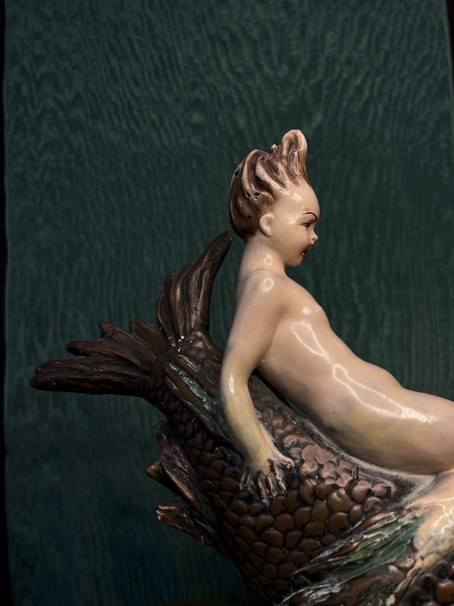 Antique Bronze & Ceramic Figural Sculpture Centerpiece - Mermaid Child Riding Fish