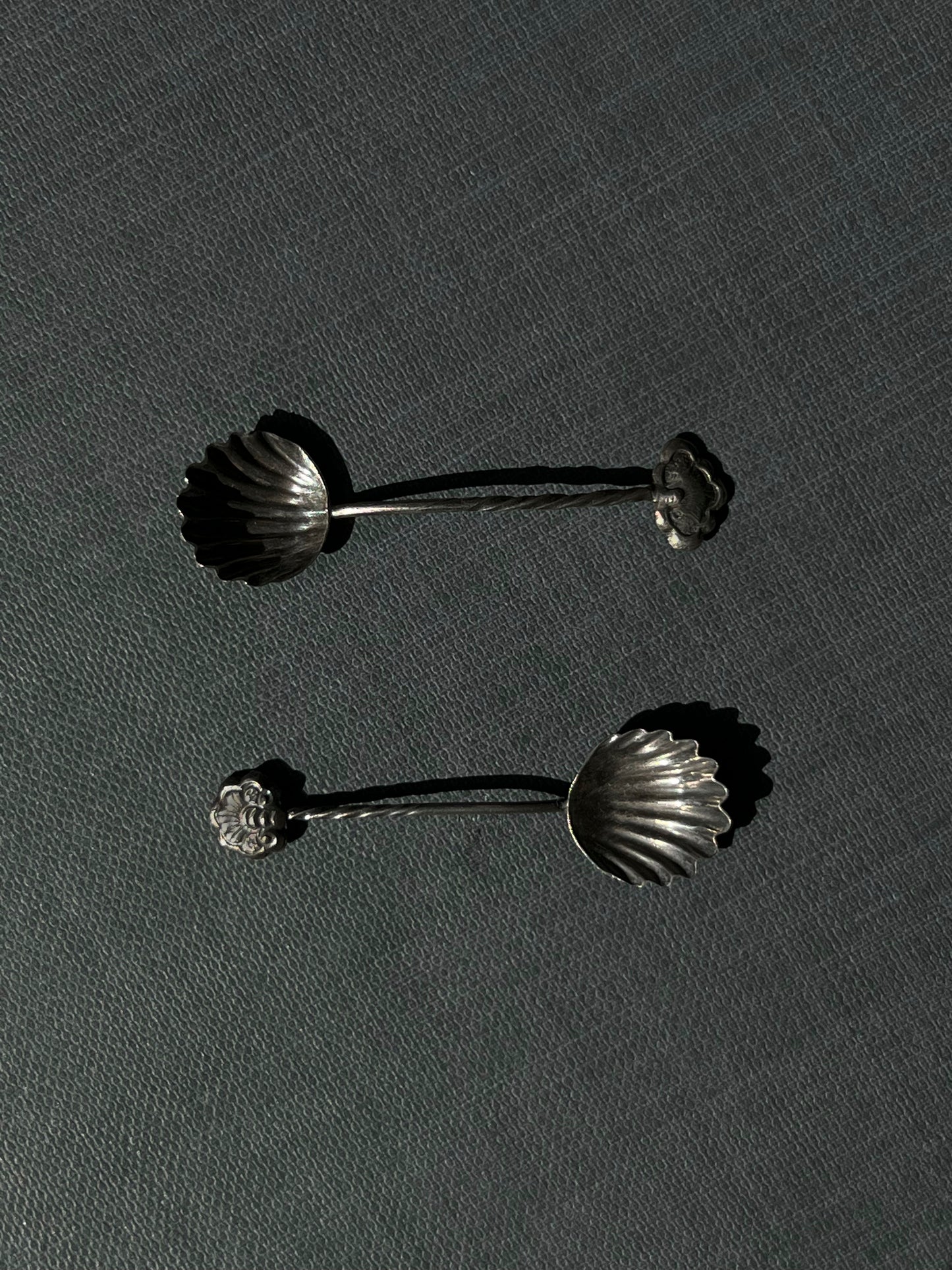 Antique Silver Shell-shaped Salt Spoons with Twisted Handles - Pair