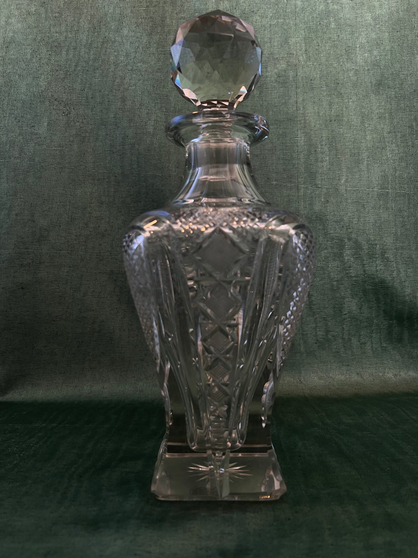 Large Curved Top Cut Crystal Vintage Whiskey Decanter with Faceted Spherical Stopper