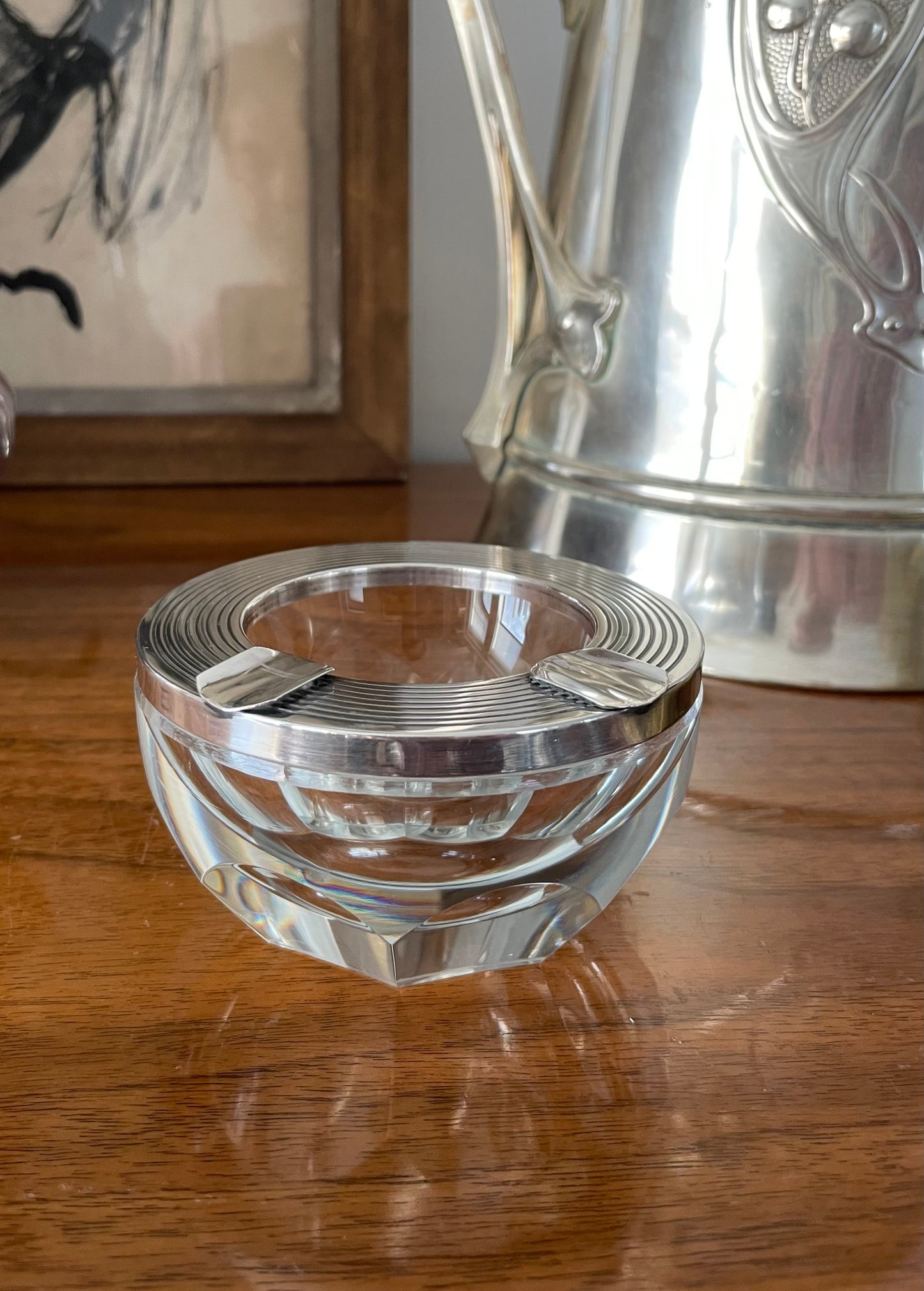 Large Faceted Heavy Crystal Art Deco Ashtray With Banded Sterling Silver Mount