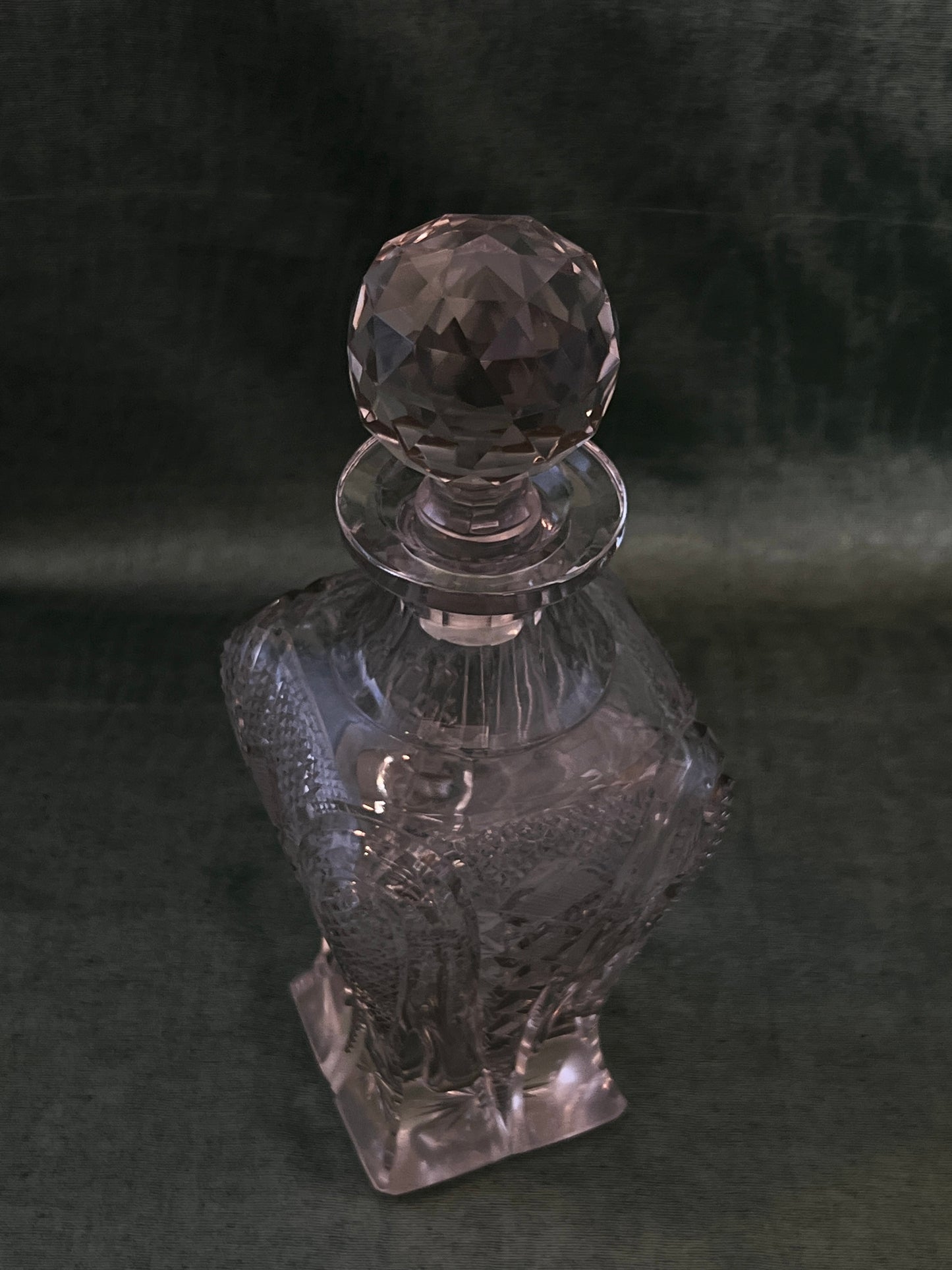 Large Curved Top Cut Crystal Vintage Whiskey Decanter with Faceted Spherical Stopper
