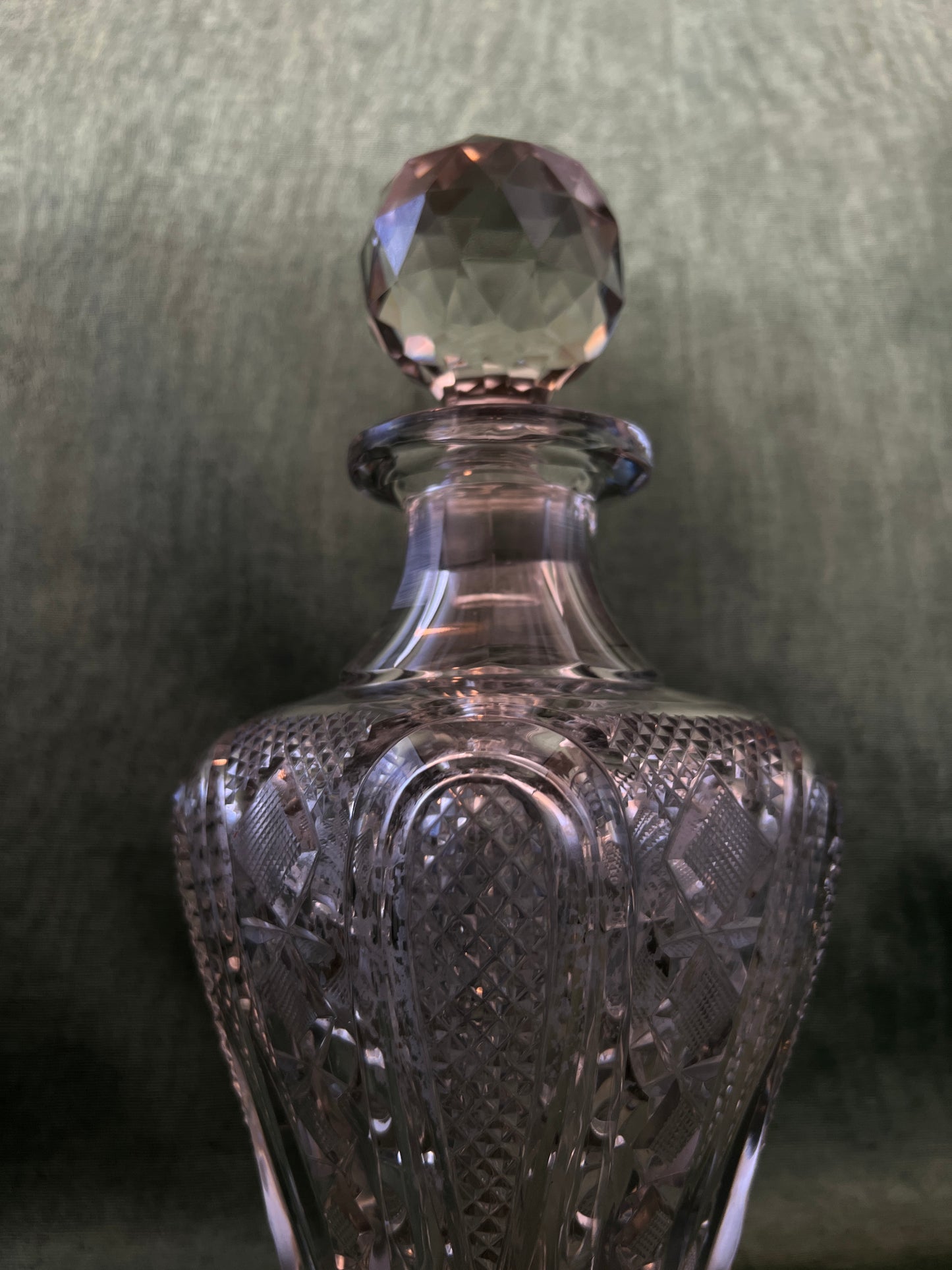 Large Curved Top Cut Crystal Vintage Whiskey Decanter with Faceted Spherical Stopper