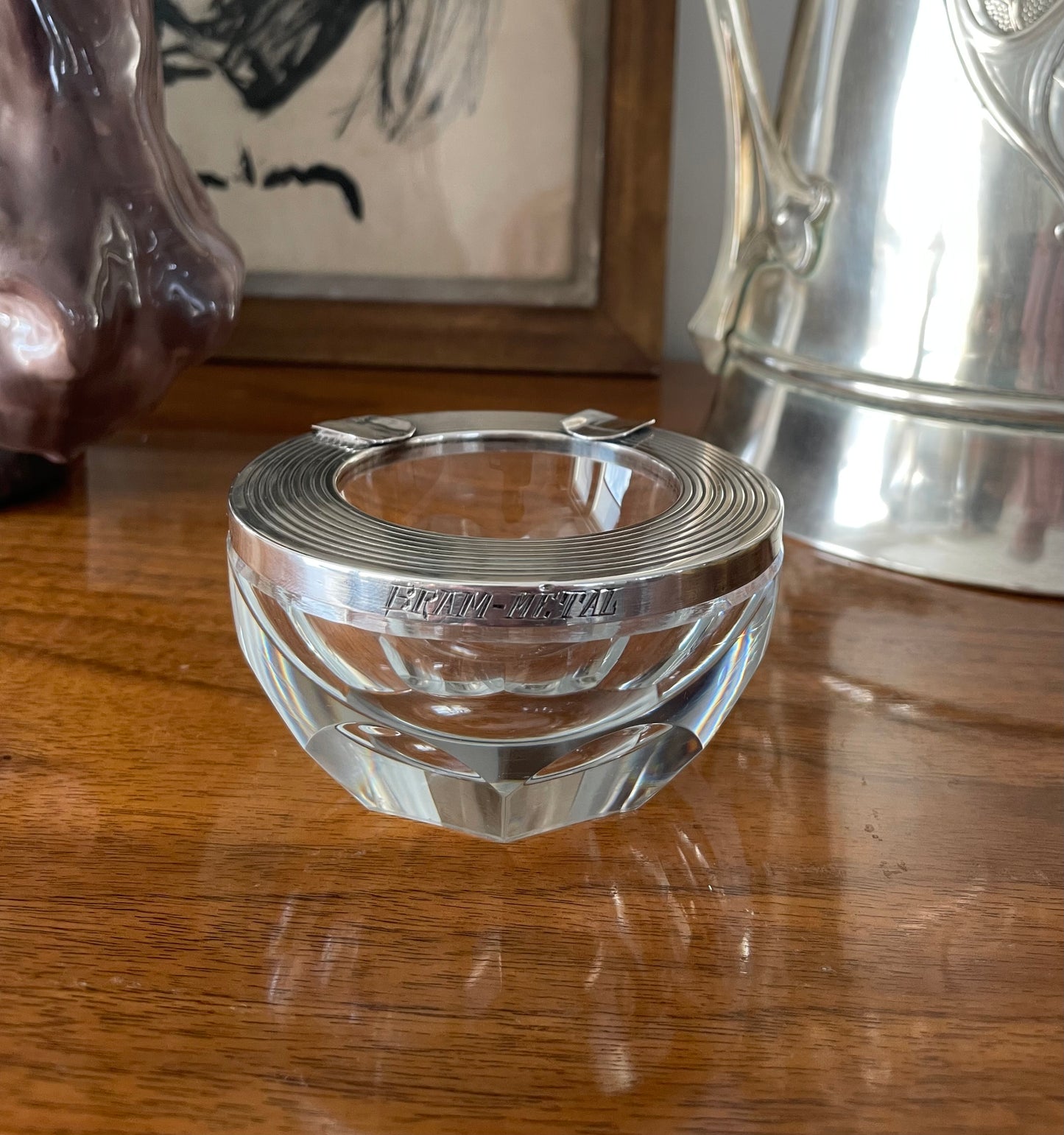 Large Faceted Heavy Crystal Art Deco Ashtray With Banded Sterling Silver Mount