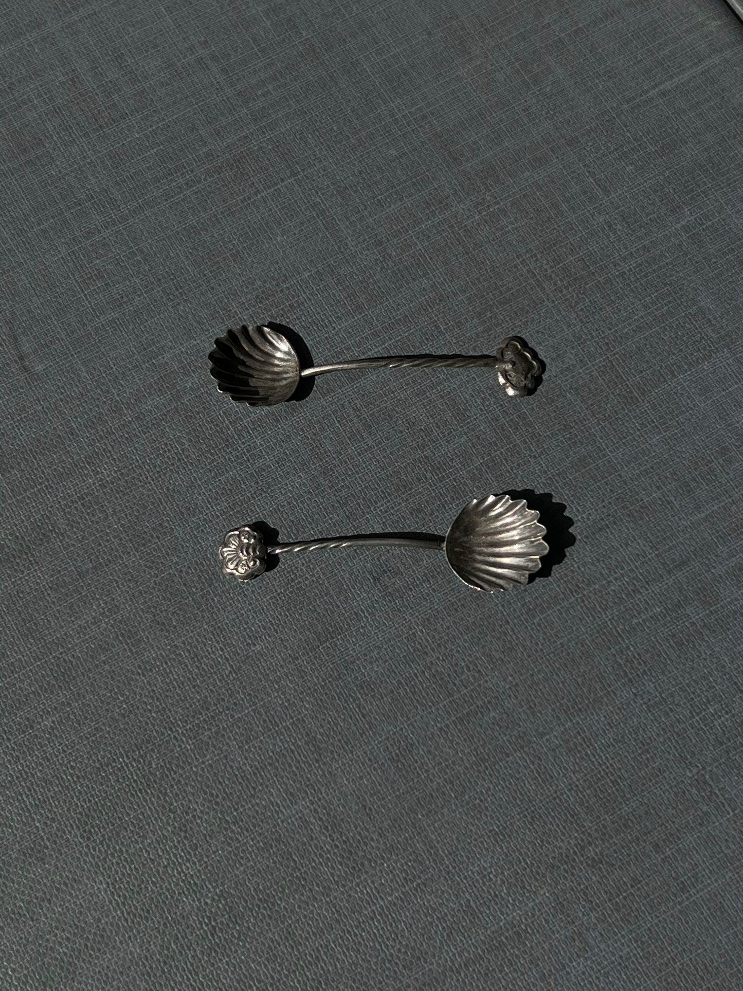 Antique Silver Shell-shaped Salt Spoons with Twisted Handles - Pair