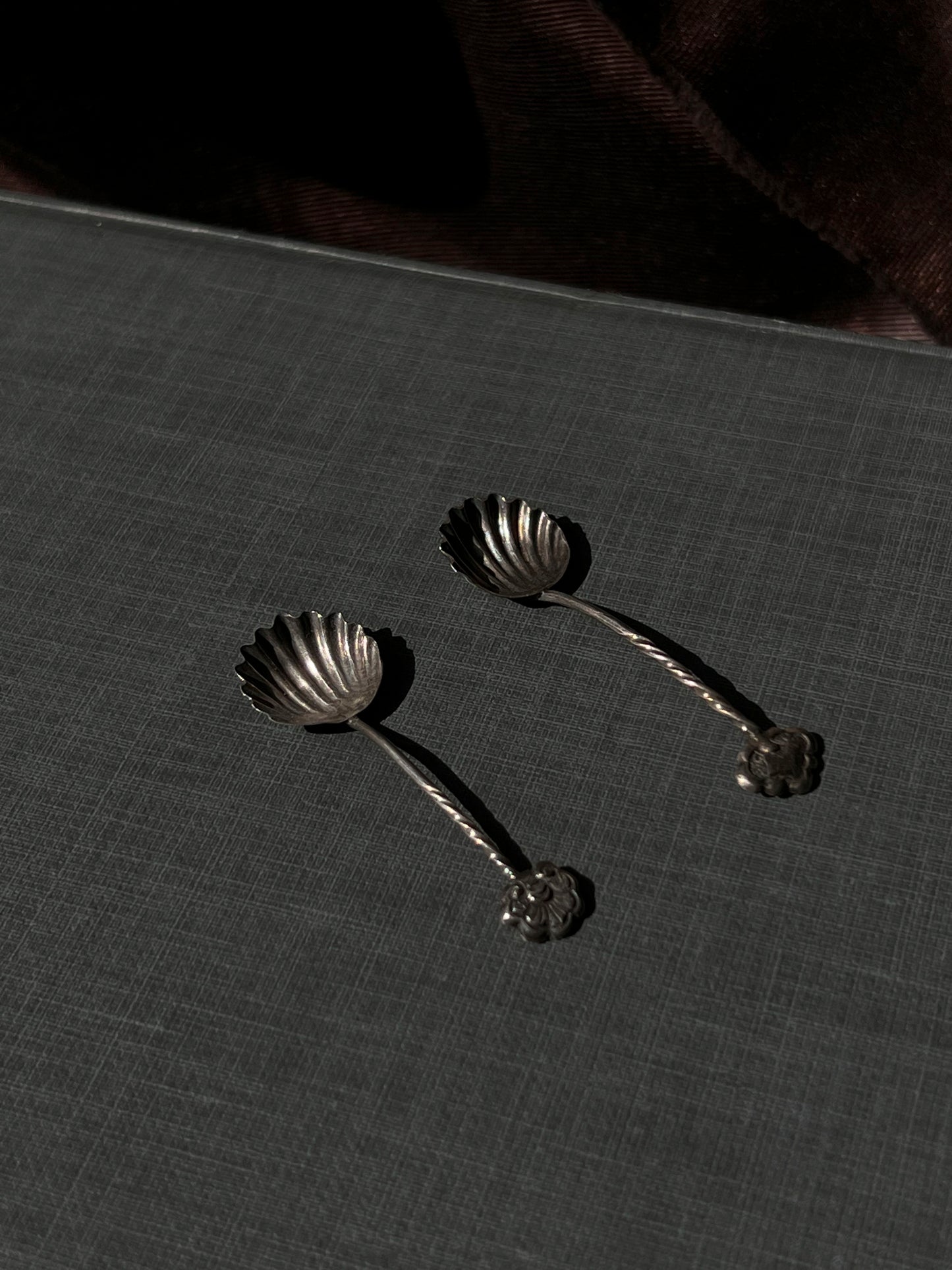 Antique Silver Shell-shaped Salt Spoons with Twisted Handles - Pair