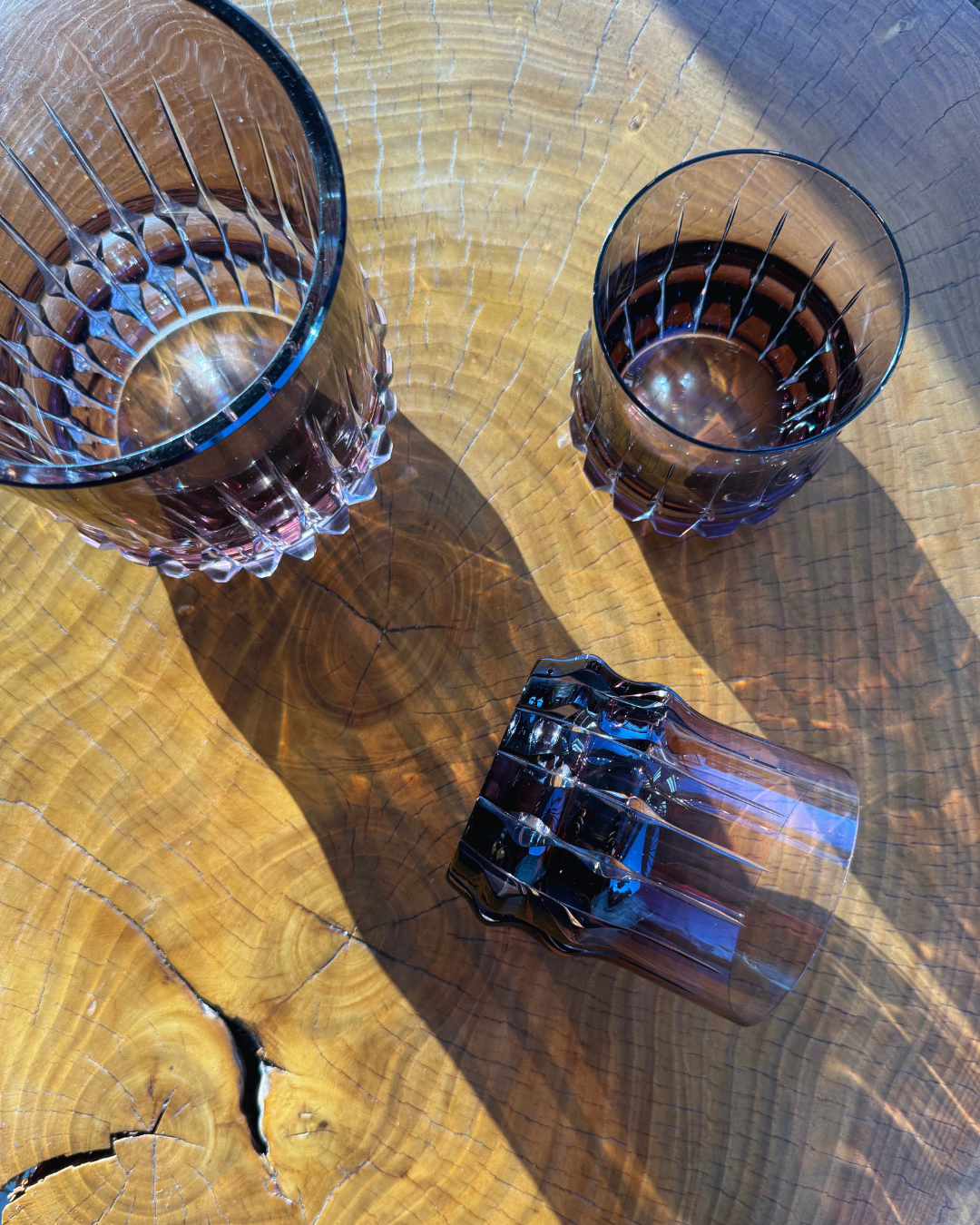 Set of 7 Mid Century Etched Brutalist Deep Smokey Purple Ice Bucket & Tumblers