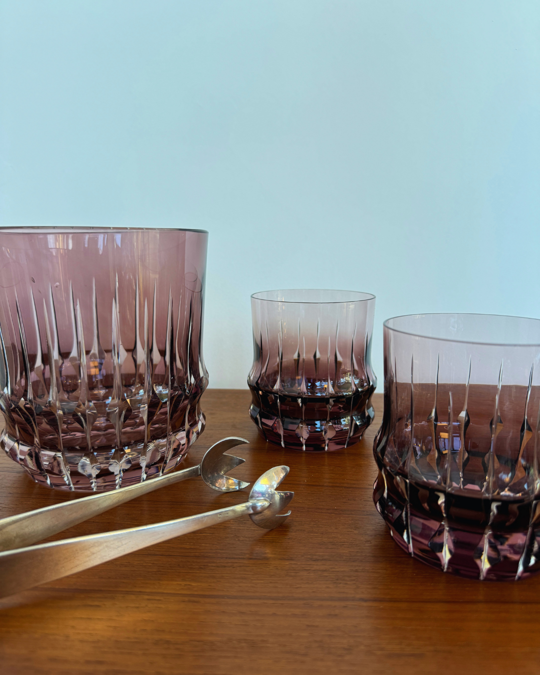 Set of 7 Mid Century Etched Brutalist Deep Smokey Purple Ice Bucket & Tumblers