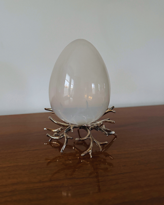 Blown Glass Egg With Rhodium Finish Plated Metal "Nest" Base