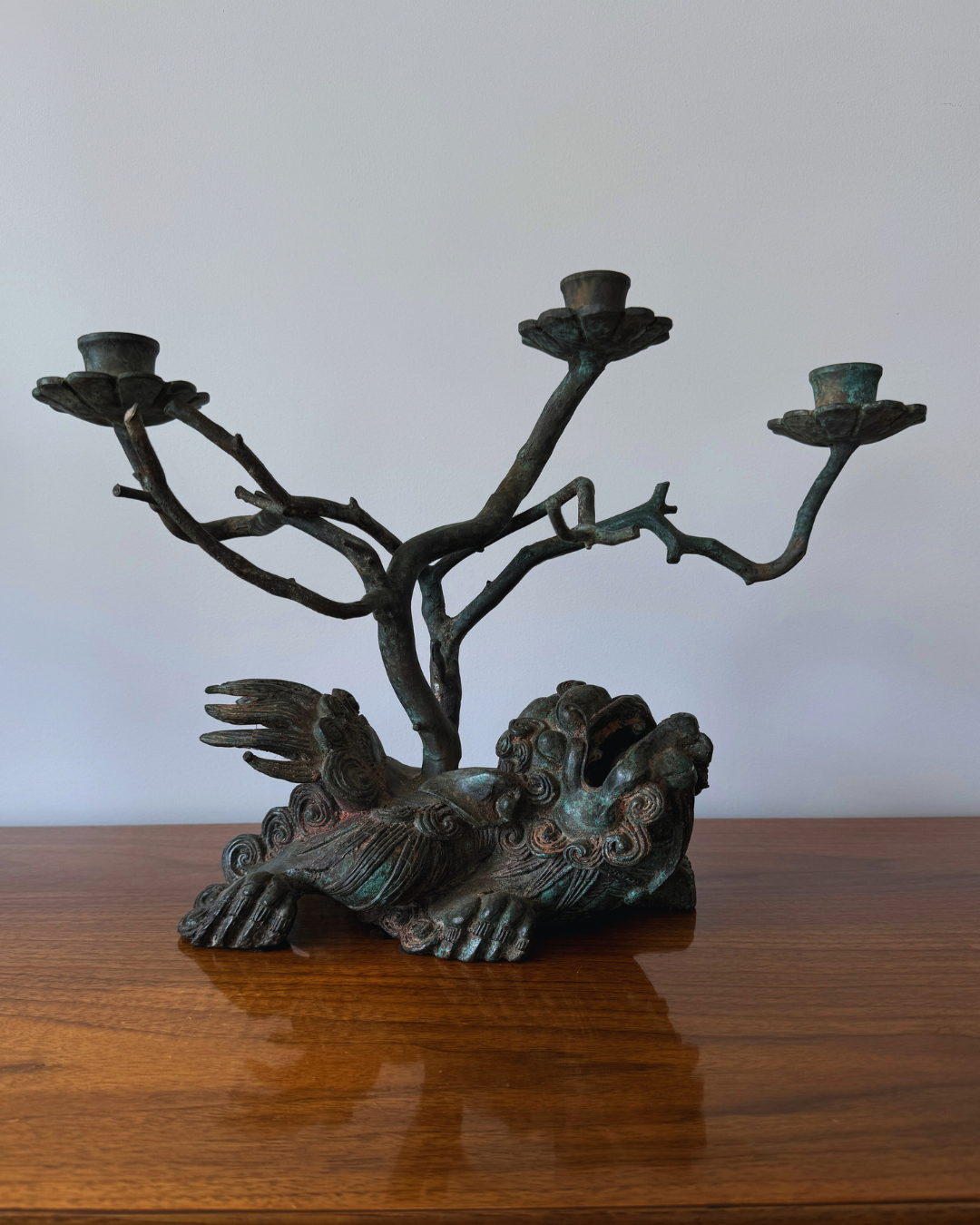 Curious Vintage Bronze Archaic Style Chinese Foo Dog Lion with Branches Candelabra