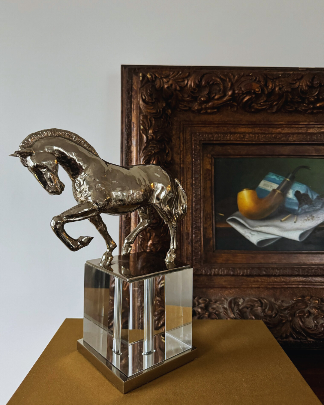 Chrome Finish Trotting horse on Lucite Base Hollywood Regency Style