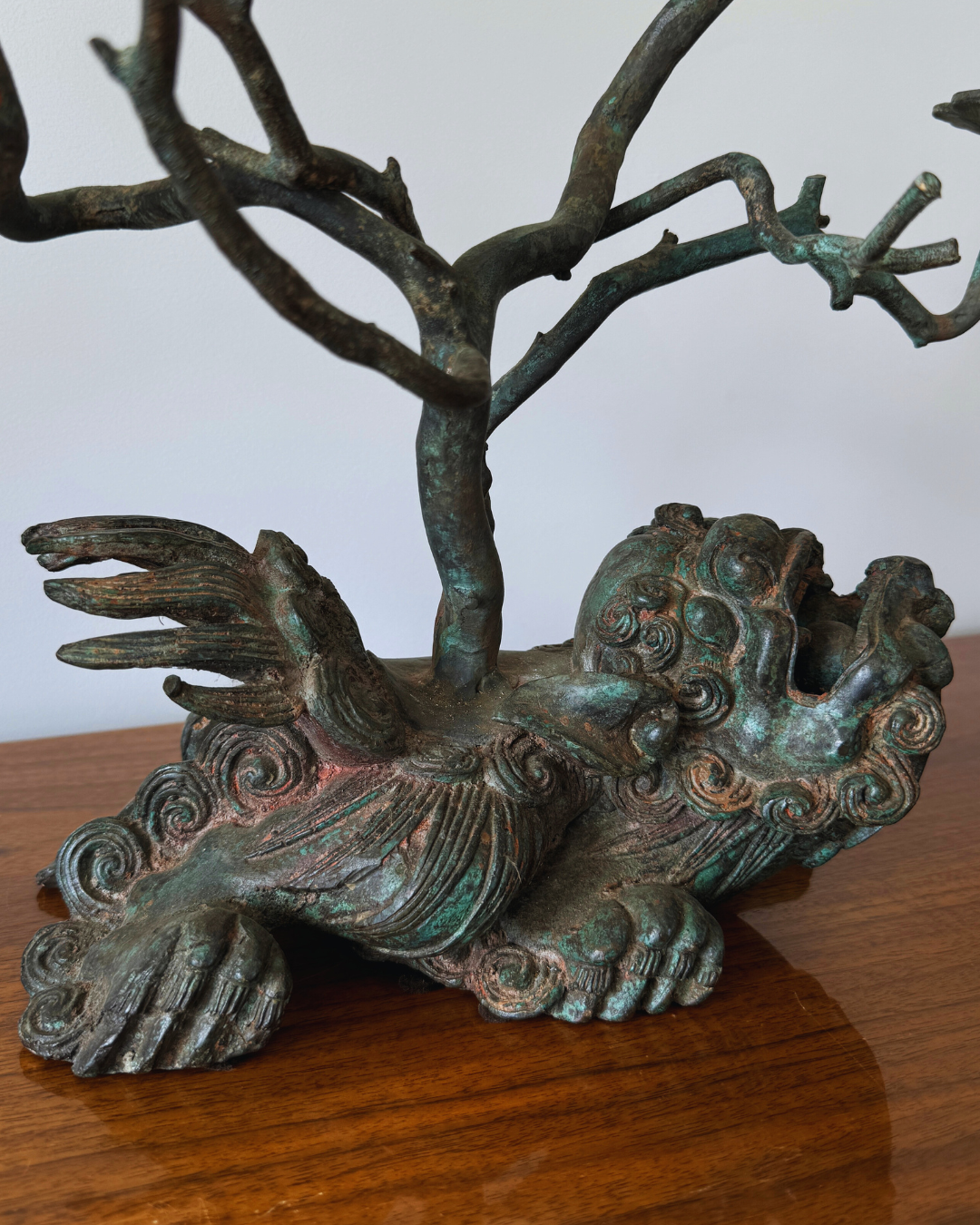 Curious Vintage Bronze Archaic Style Chinese Foo Dog Lion with Branches Candelabra