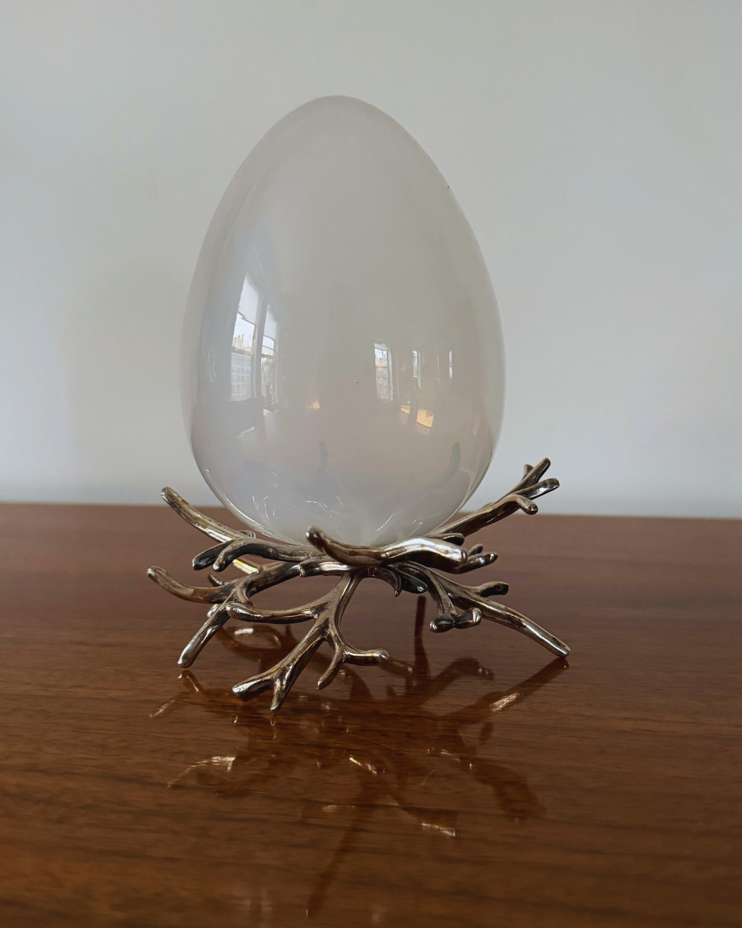 Blown Glass Egg With Rhodium Finish Plated Metal "Nest" Base