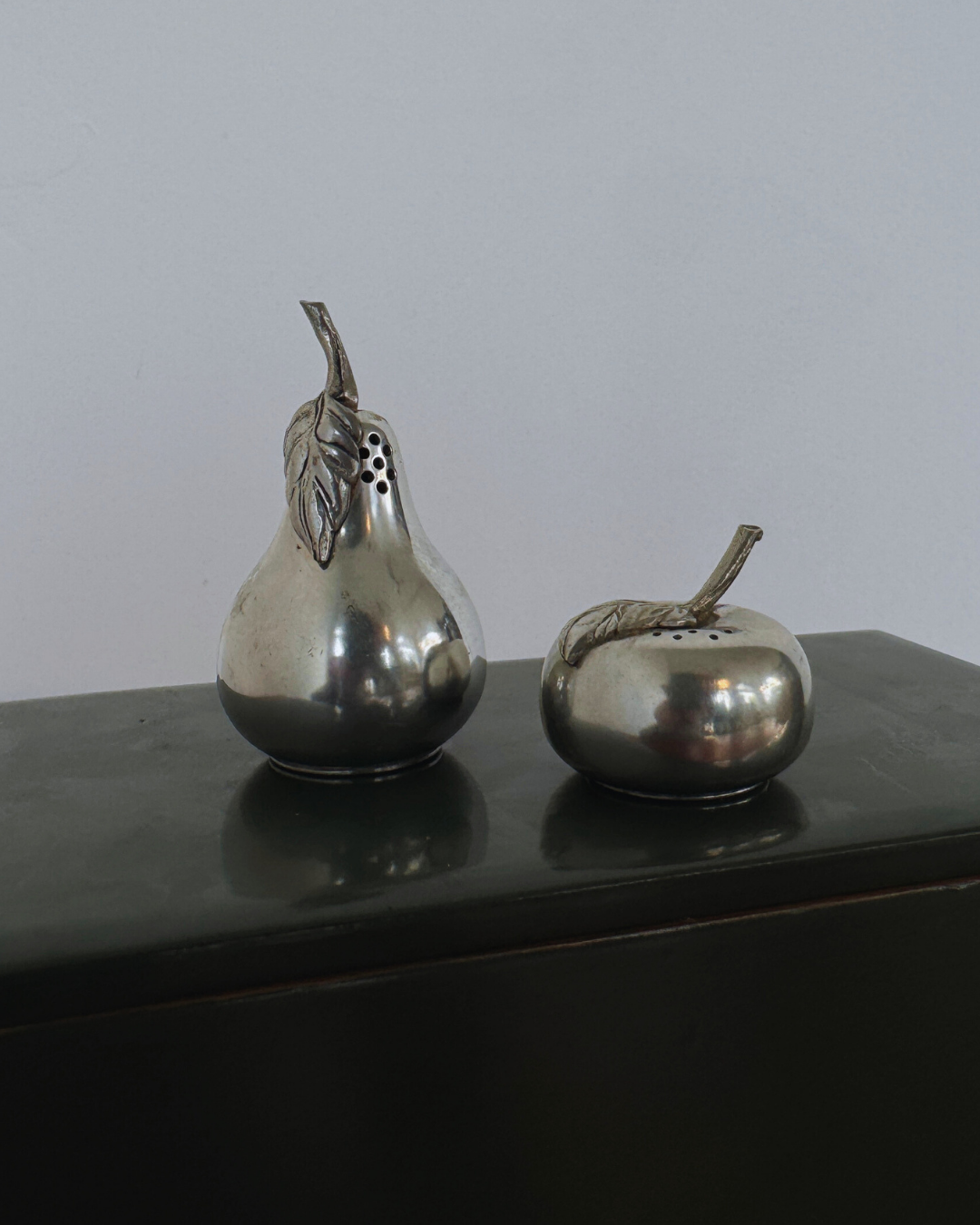 Whimsical Vintage Kirk Stieff Pewter Pear & Apple Salt and Pepper Shakers