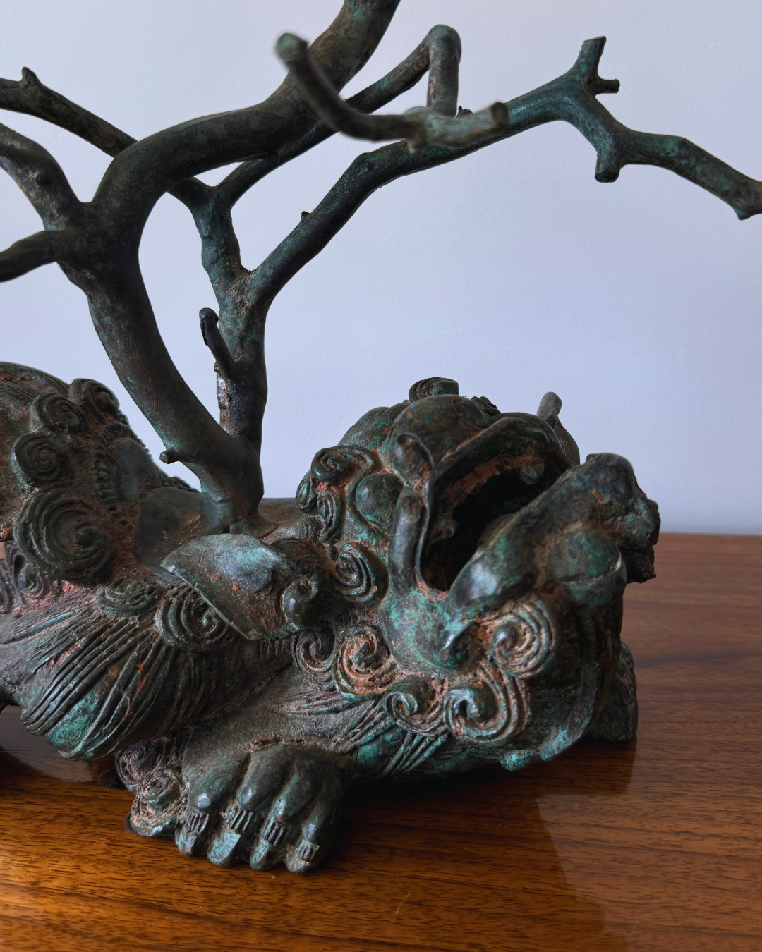 Curious Vintage Bronze Archaic Style Chinese Foo Dog Lion with Branches Candelabra