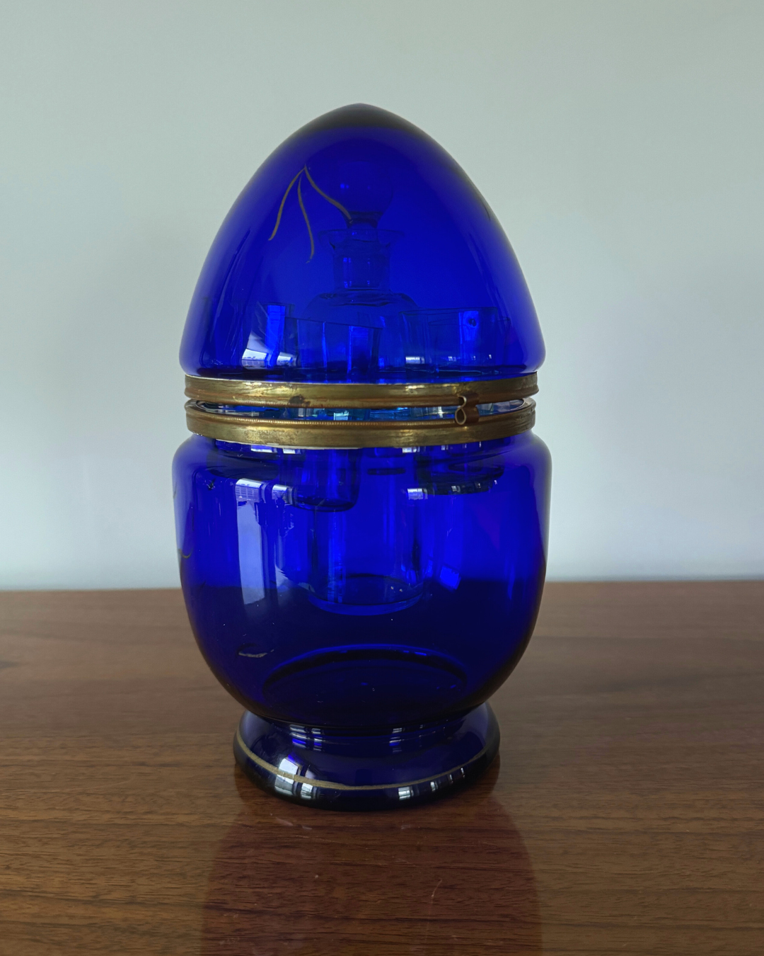 Fabulous Antique French Cobalt Large Egg-Shape Glass Liqueur / Shot Set
