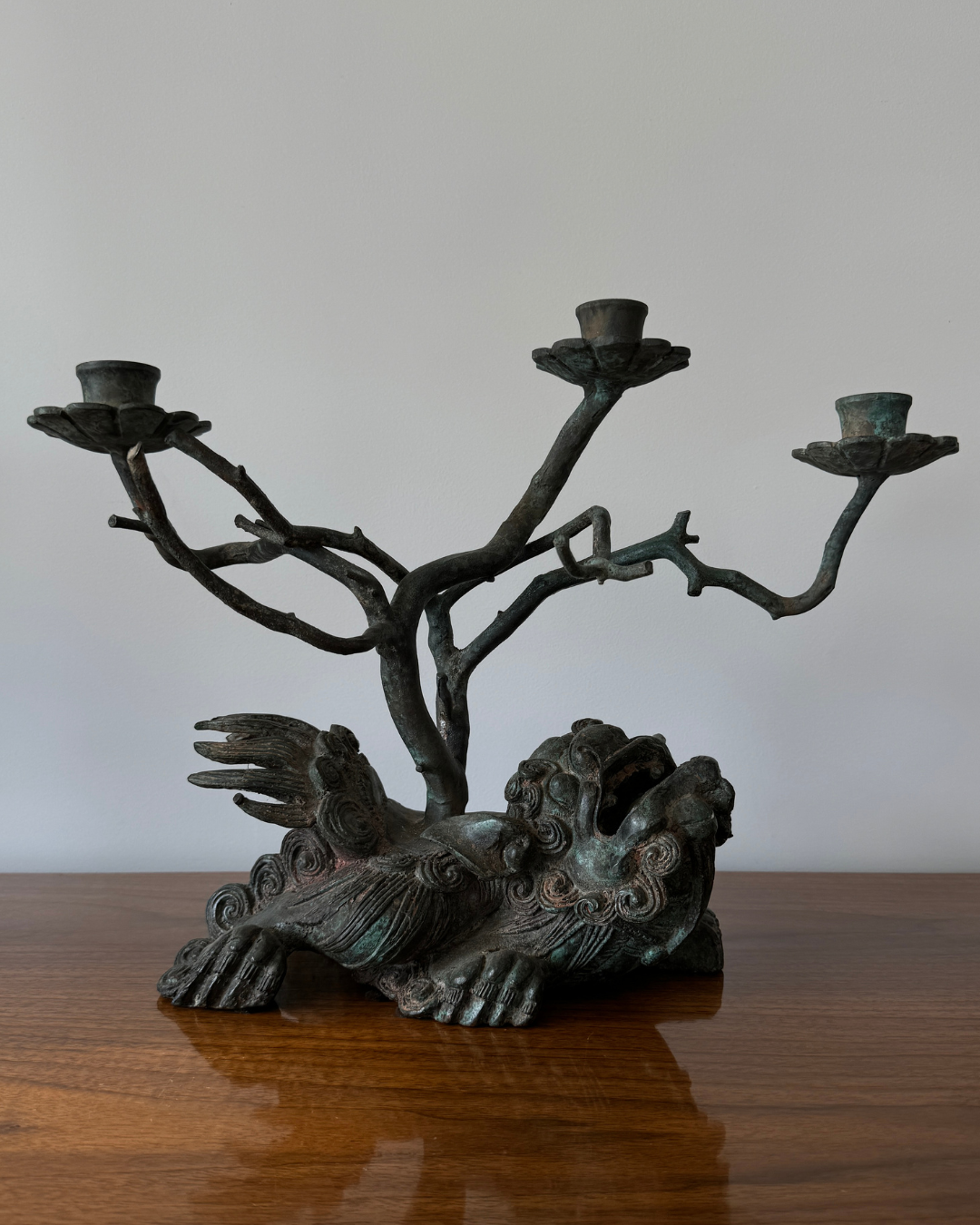 Curious Vintage Bronze Archaic Style Chinese Foo Dog Lion with Branches Candelabra