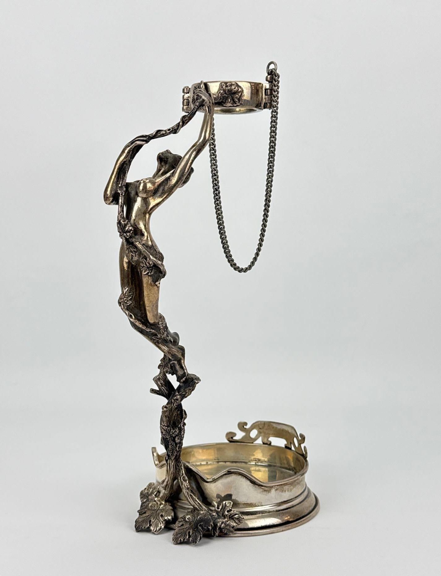 Marked Art Nouveau Sterling Silver Figural Nymph Wine Bottle Holder Stand, 15.58 ozt