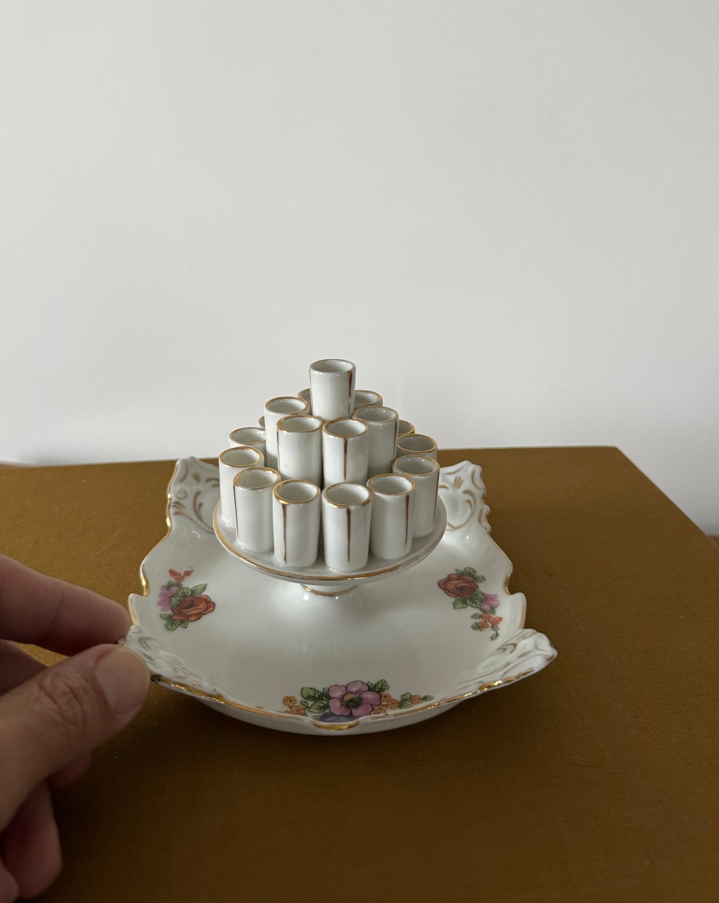 Vintage czechoslovakia Cigarette Holder with Ashtray Gold Accent Floral Motif by