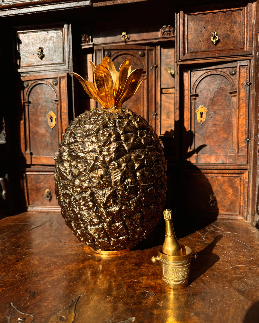 Michel Darlois, France, Vintage Large Gold Tone Metal Pineapple Ice Bucket