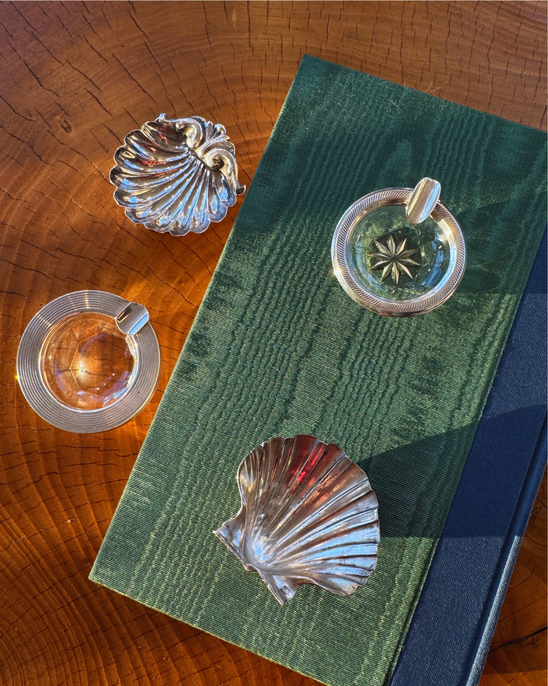 Antique Sterling Silver Individual Guilloche Mounts and Glass Personal Ashtray