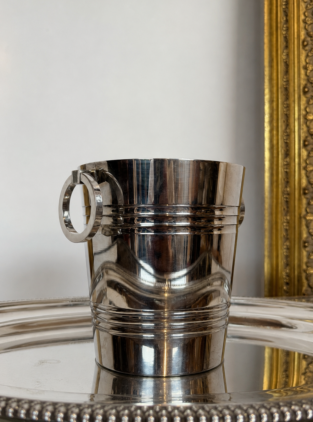 French Art Deco Silver Plated Small Ice Bucket with Deco Banding and Ring Handles