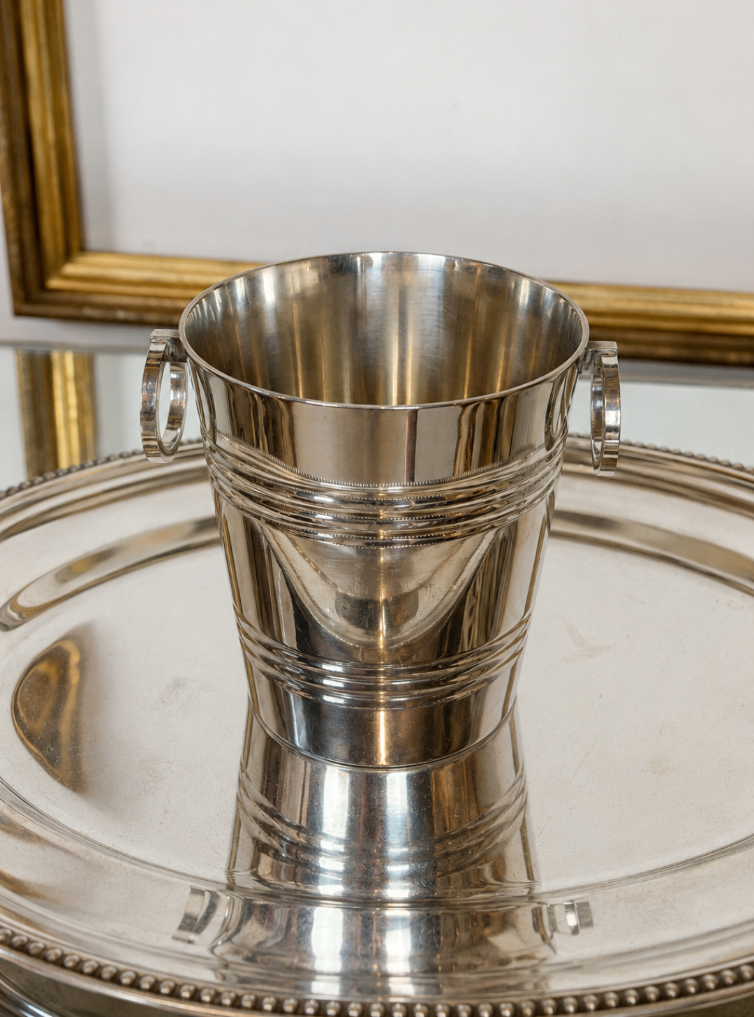 French Art Deco Silver Plated Small Ice Bucket with Deco Banding and Ring Handles