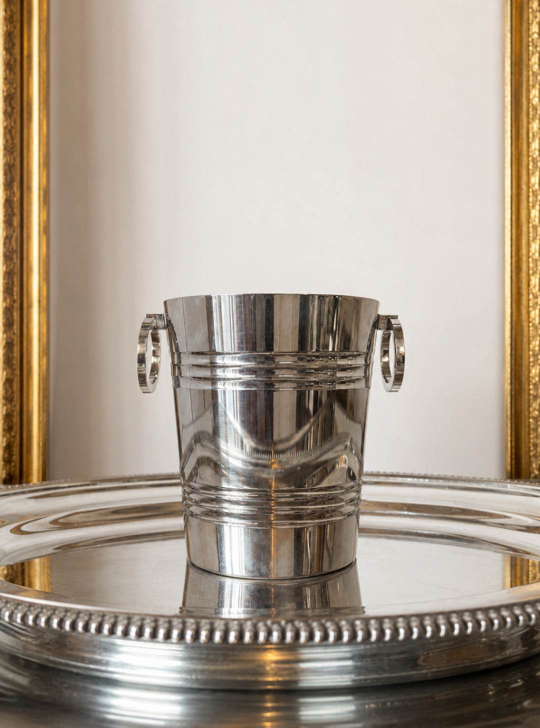 French Art Deco Silver Plated Small Ice Bucket with Deco Banding and Ring Handles
