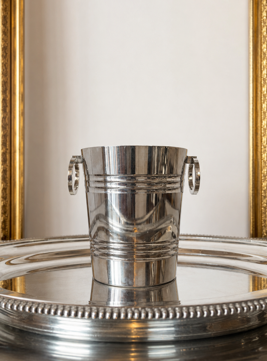 French Art Deco Silver Plated Small Ice Bucket with Deco Banding and Ring Handles