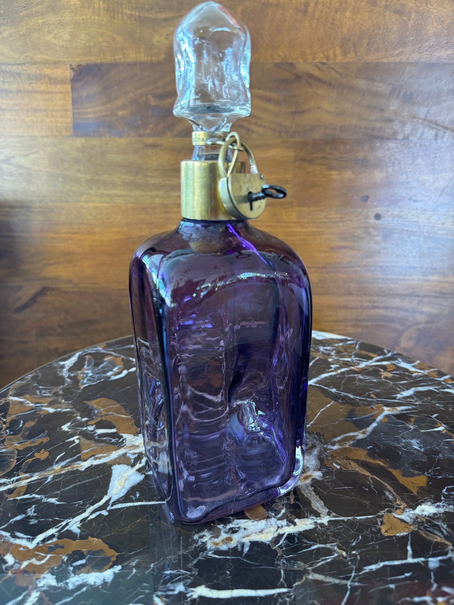 Rare vintage Austrian amethyst-glass decanter with brass padlock detail