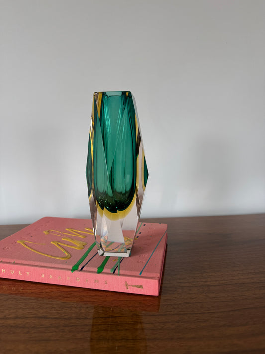 Murano Sommerso Tall Faceted Green Teal to Amber Bud Vase by Flavio Poli