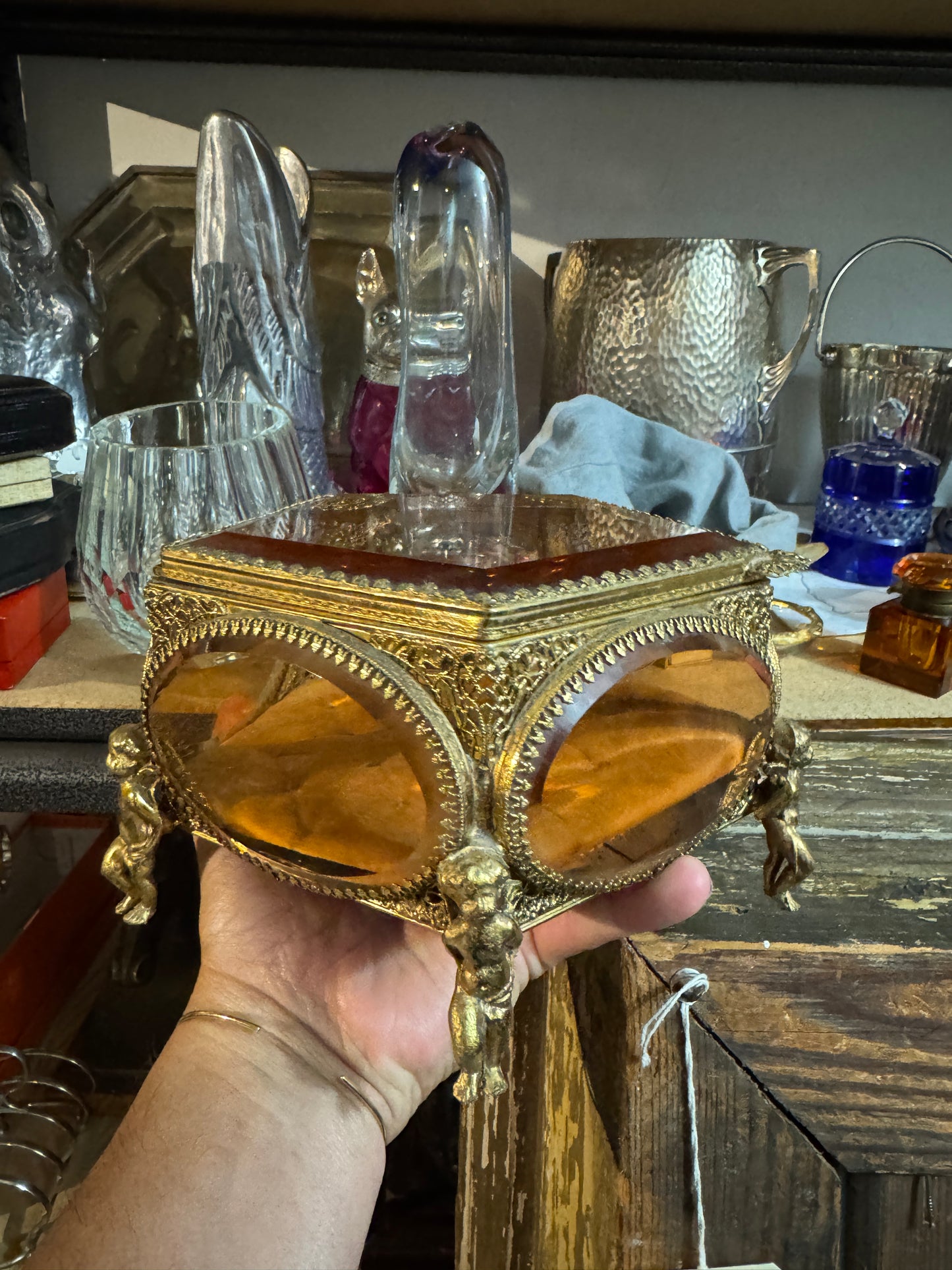 WHLSL Mid Century Hollywood Regency French Rococo Revival Jewelry Casket with Tufted Lining