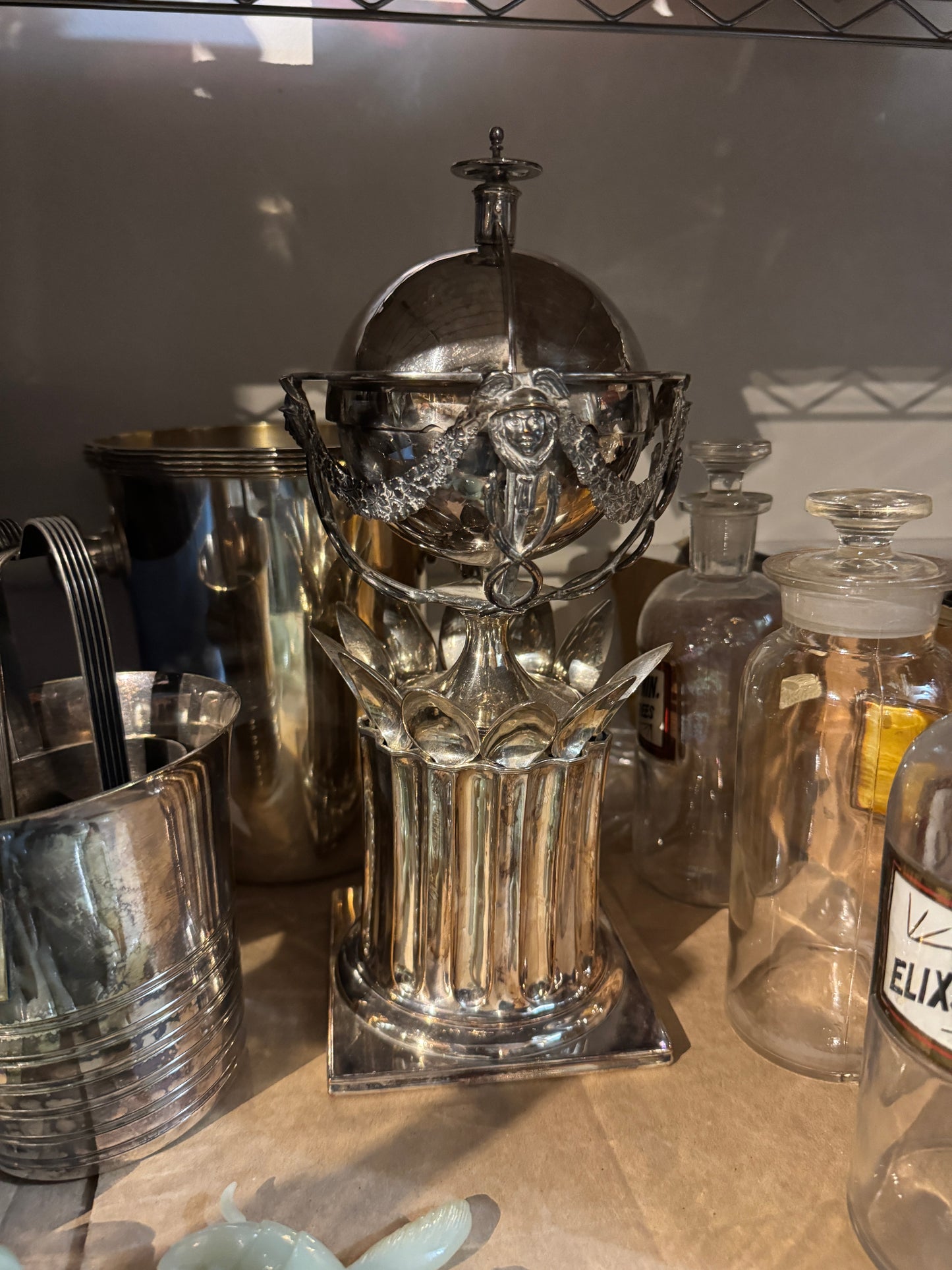 WHLSL Impressive Victorian Silver Plated  Mechanical Globe on Column Sugar Bowl with Spoons