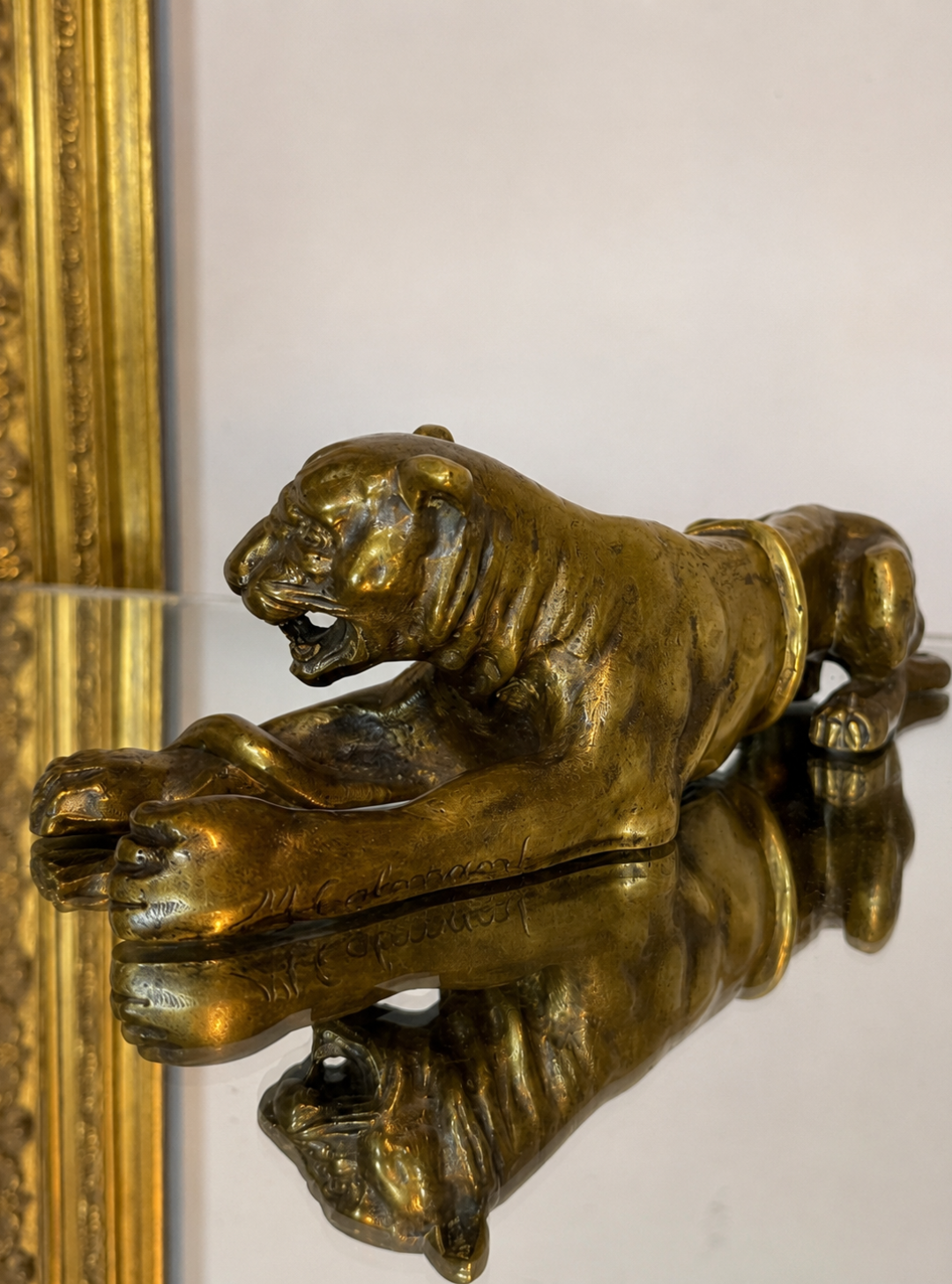 Marc Colmant signed antique Antique bronze Lioness or big cat wrestling serpent. Bronze Belgian Art Deco scultpure.