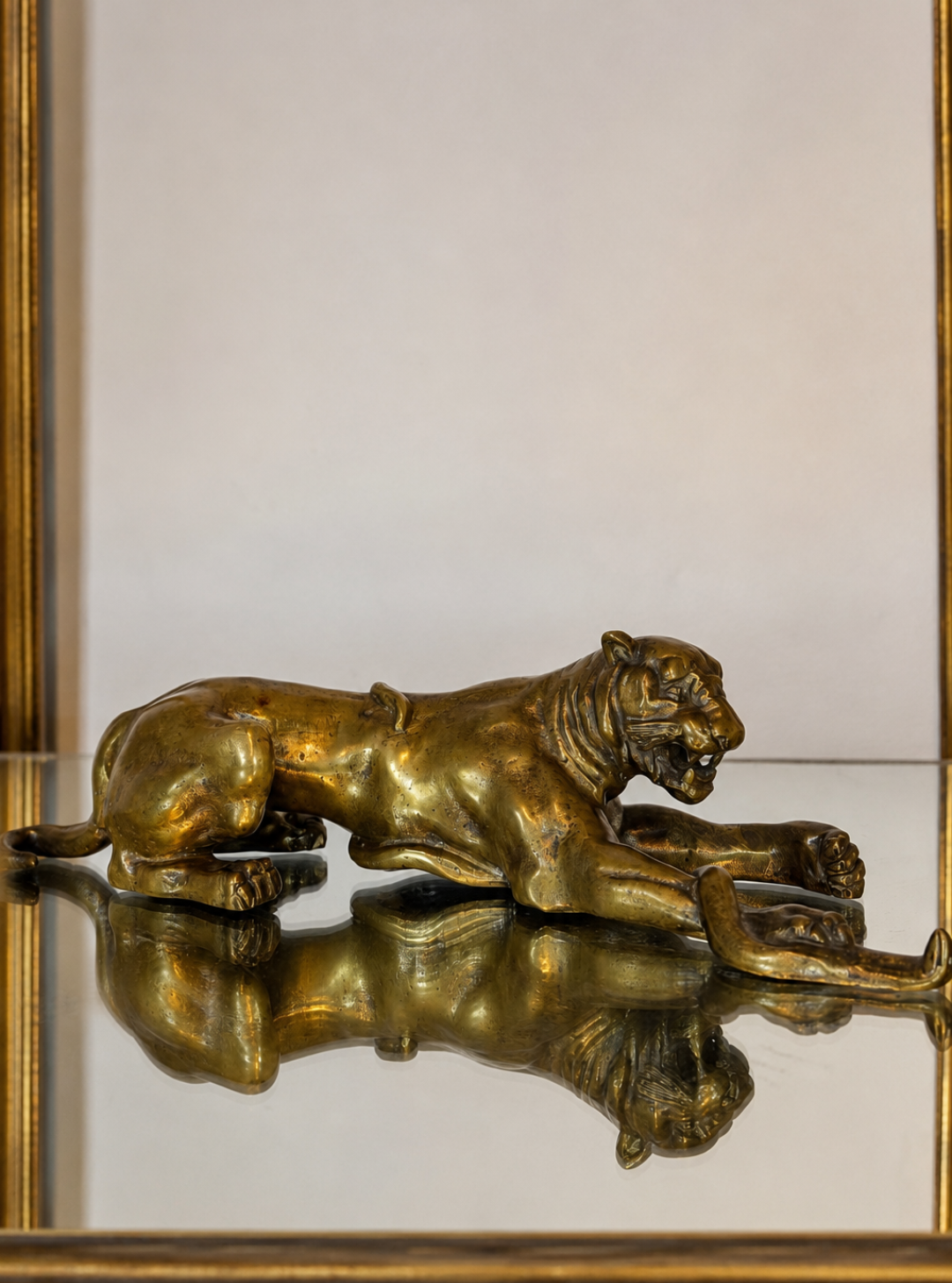 Marc Colmant signed antique Antique bronze Lioness or big cat wrestling serpent. Bronze Belgian Art Deco scultpure.