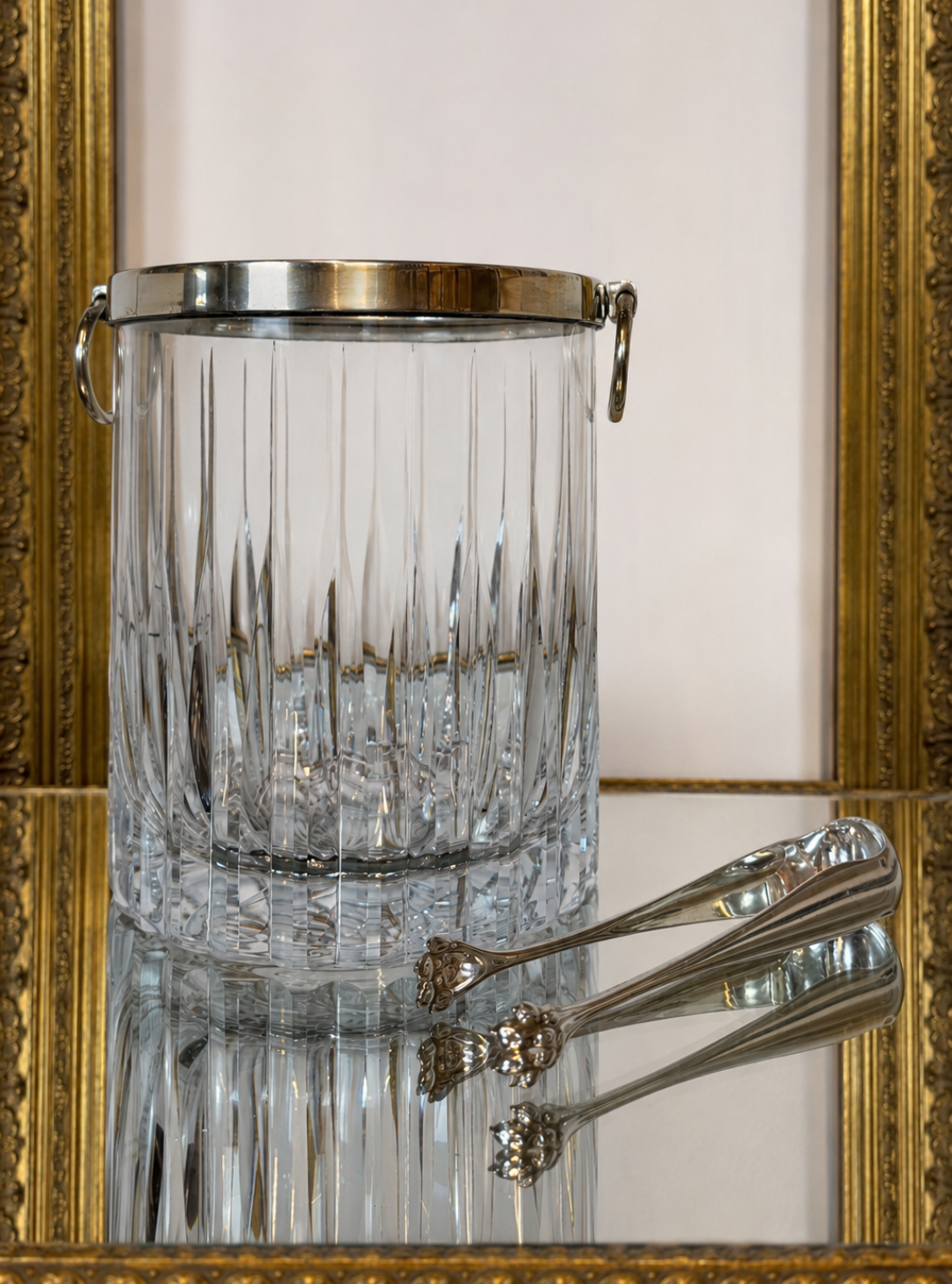 Vintage Cut Crystal Ice Bucket Champagne Wine Cooler With Ring Handles and SP Trim