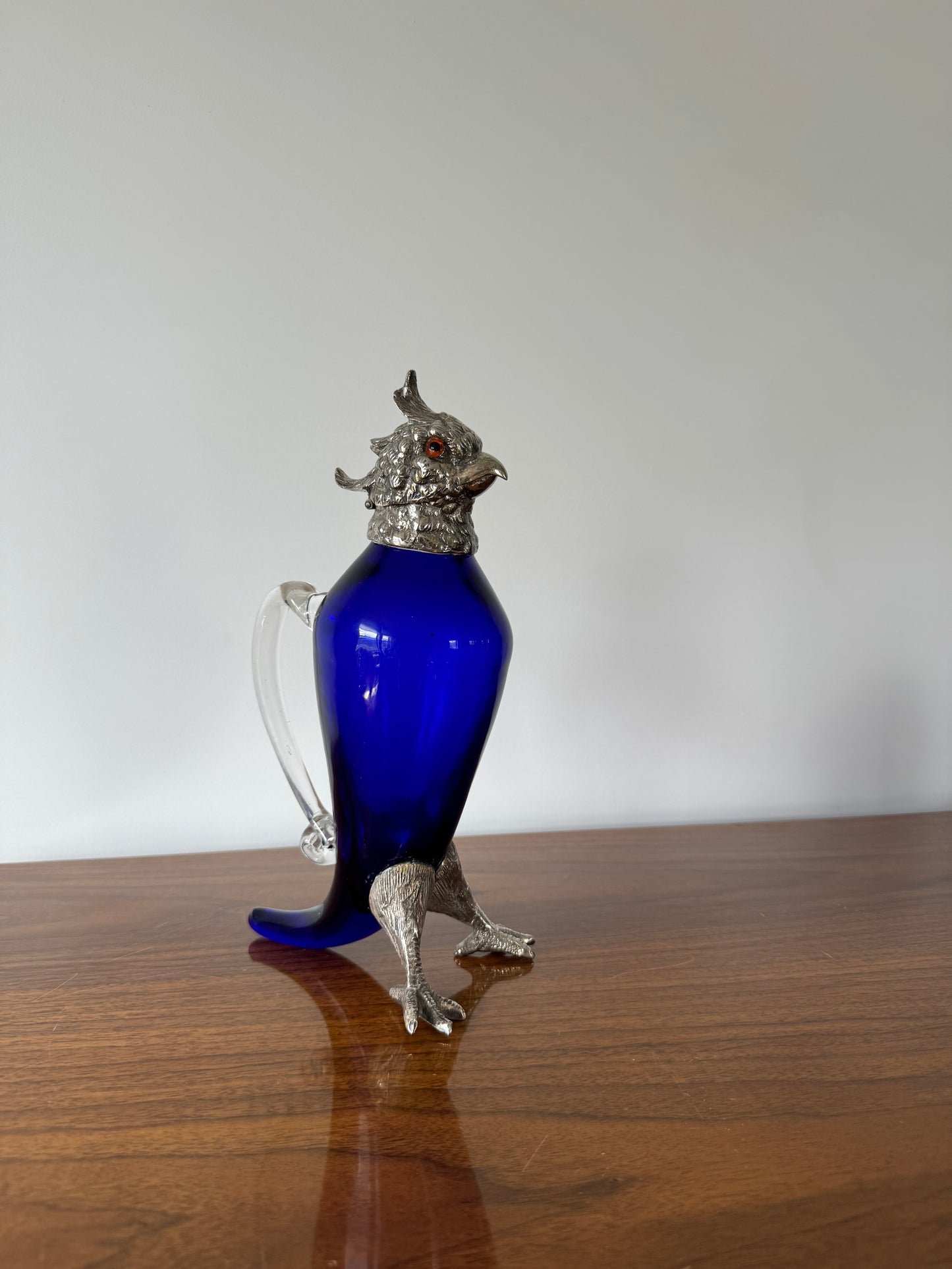English Cobalt Blue Vintage Silver-Plated Art Glass Cockatoo Claret Decanter