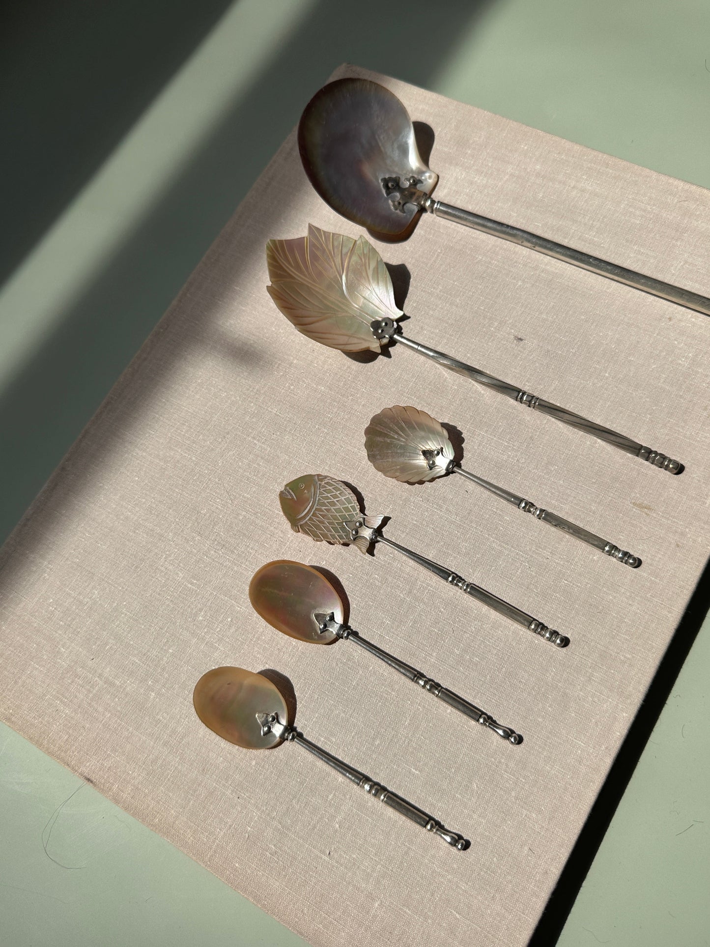 Individual Antique Mother of Pearl Pearl-Oyster Shell Caviar Serving Spoon with Spindled Finial