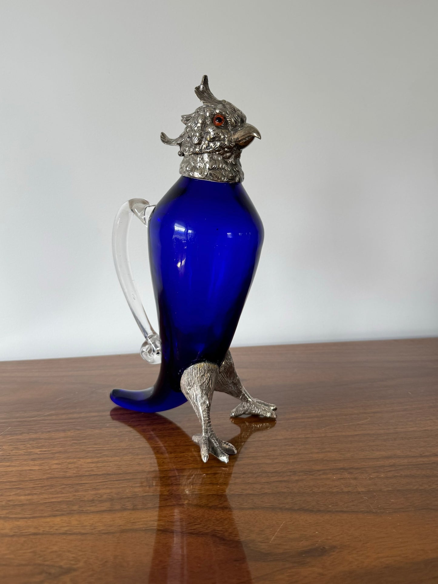 English Cobalt Blue Vintage Silver-Plated Art Glass Cockatoo Claret Decanter