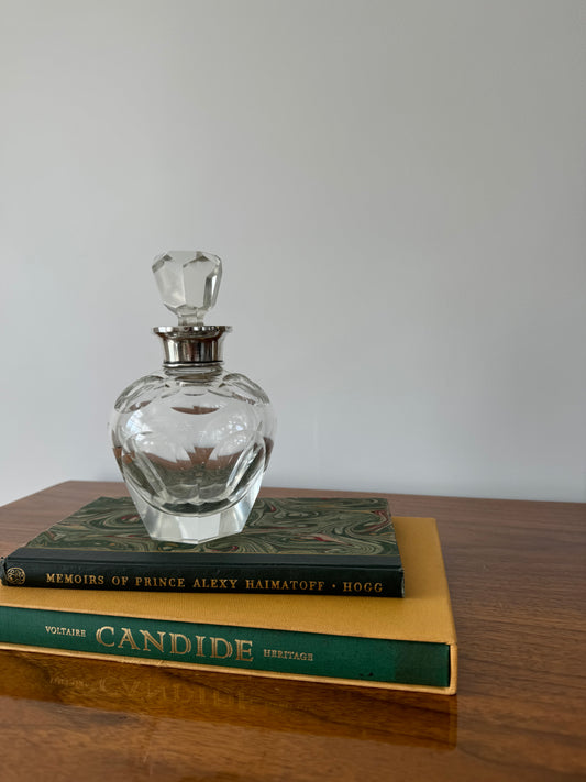 Faceted vintage crystal decanter perfume bottle with silver collar