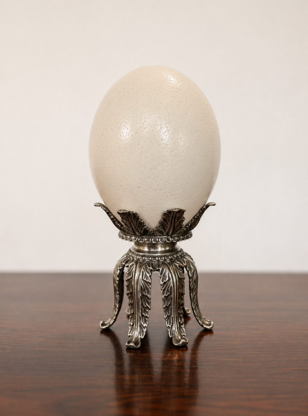 Vintage Hollywood Regency Continental Ostrich Egg Mounted On An Ornate FoliateBase