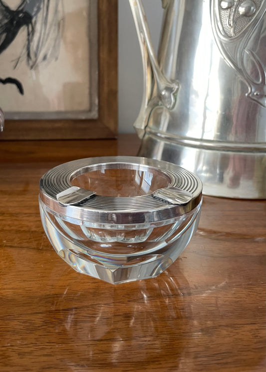 Large Faceted Heavy Crystal Art Deco Ashtray With Banded Sterling Silver Mount