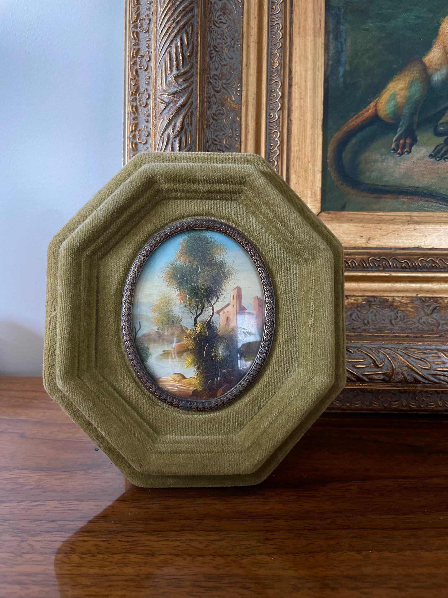 Vintage Miniature Landscape Painting Green Velvet Hexagonal Frame